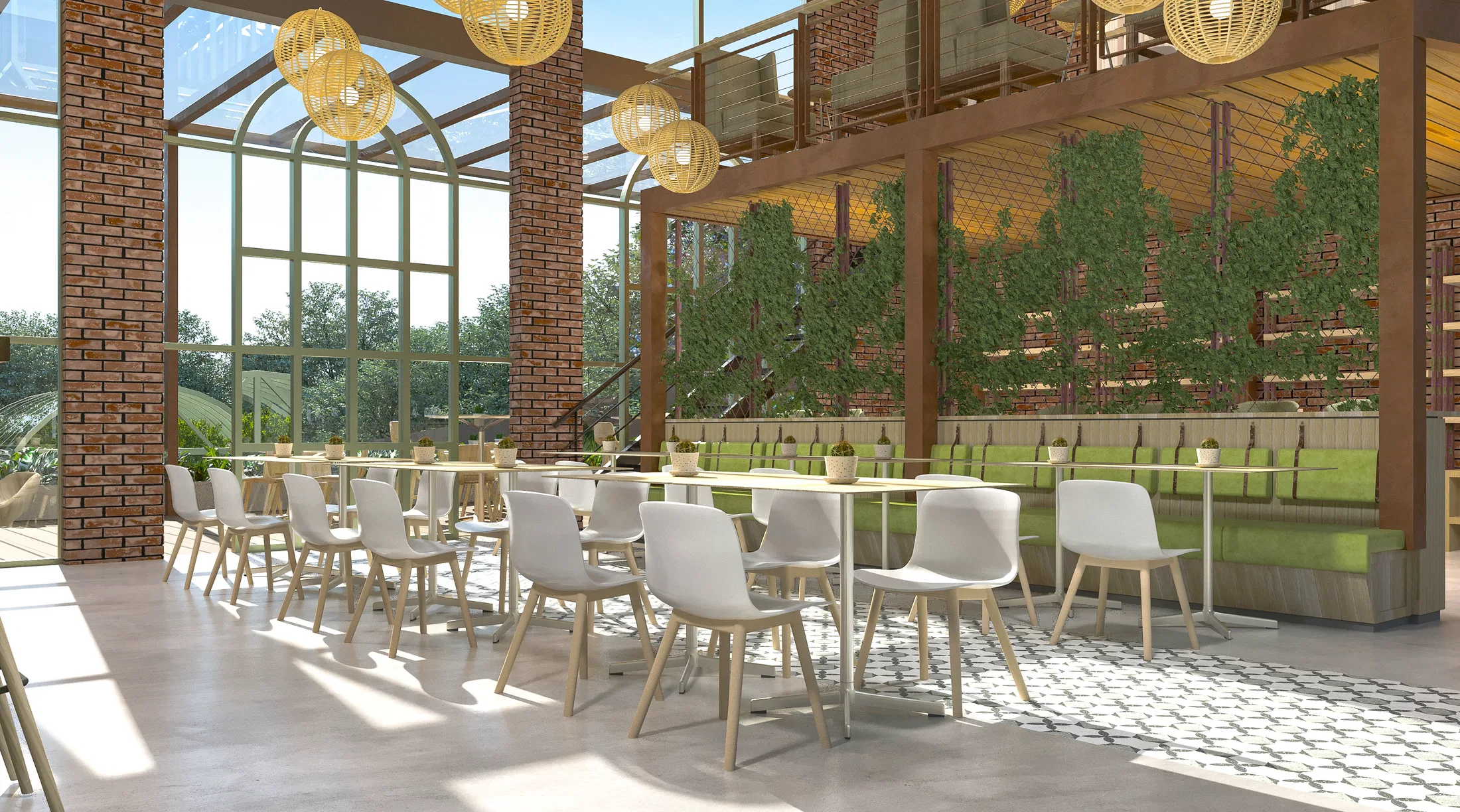 Bright interior hall with brick pillars, a pitched glass roof, white chairs, a green bench along a living wall and a patterned tile floor