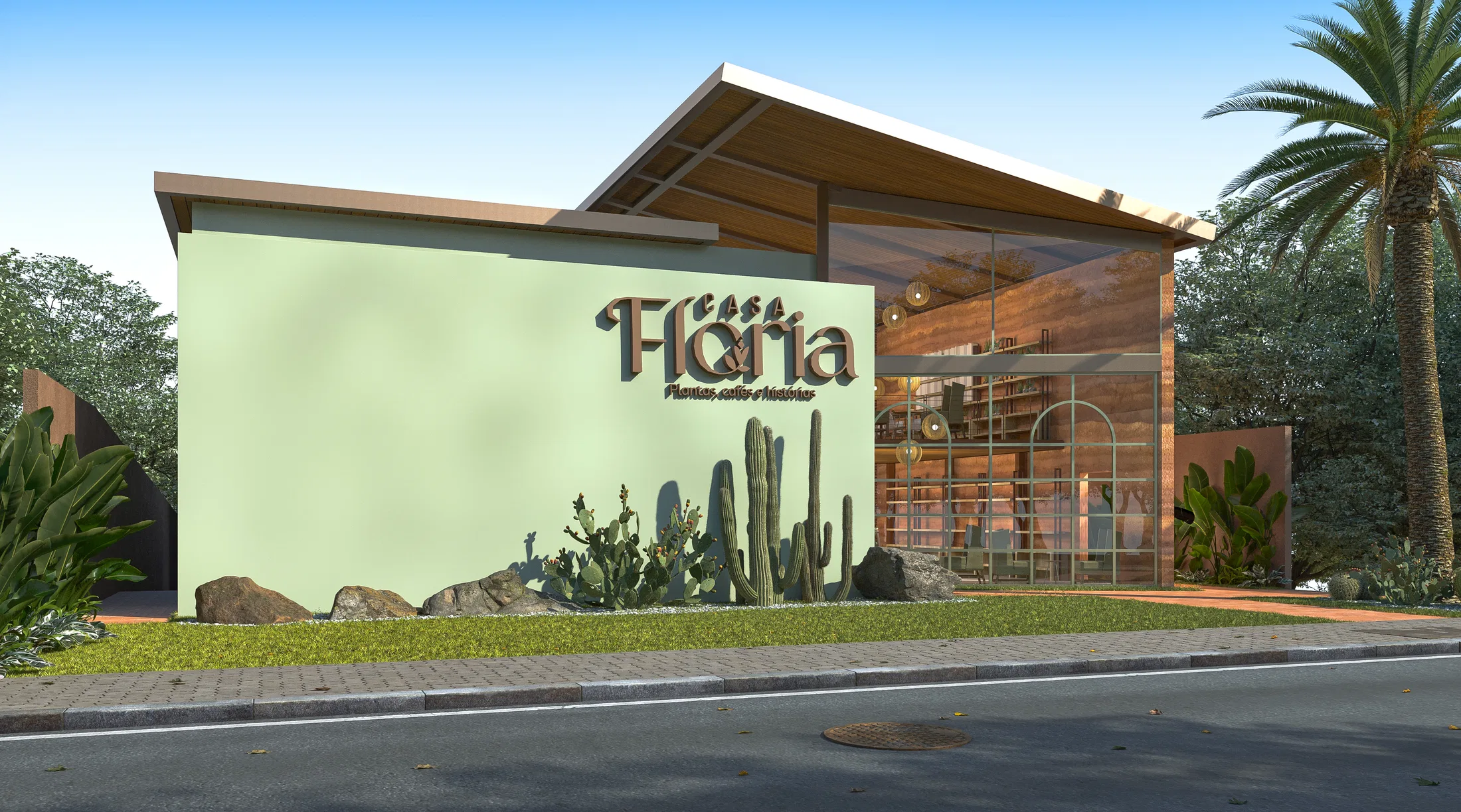The same Casa Floria facade at dusk, its timber interior warmed by soft light, the cactus garden in front and a coconut palm to the right