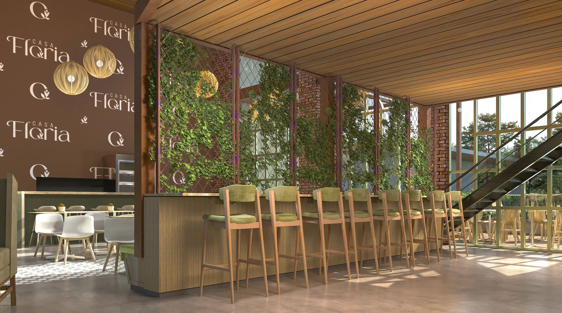 Wooden interior counter with green high stools facing a trellised living wall, a branded backdrop to the left and a metal staircase behind