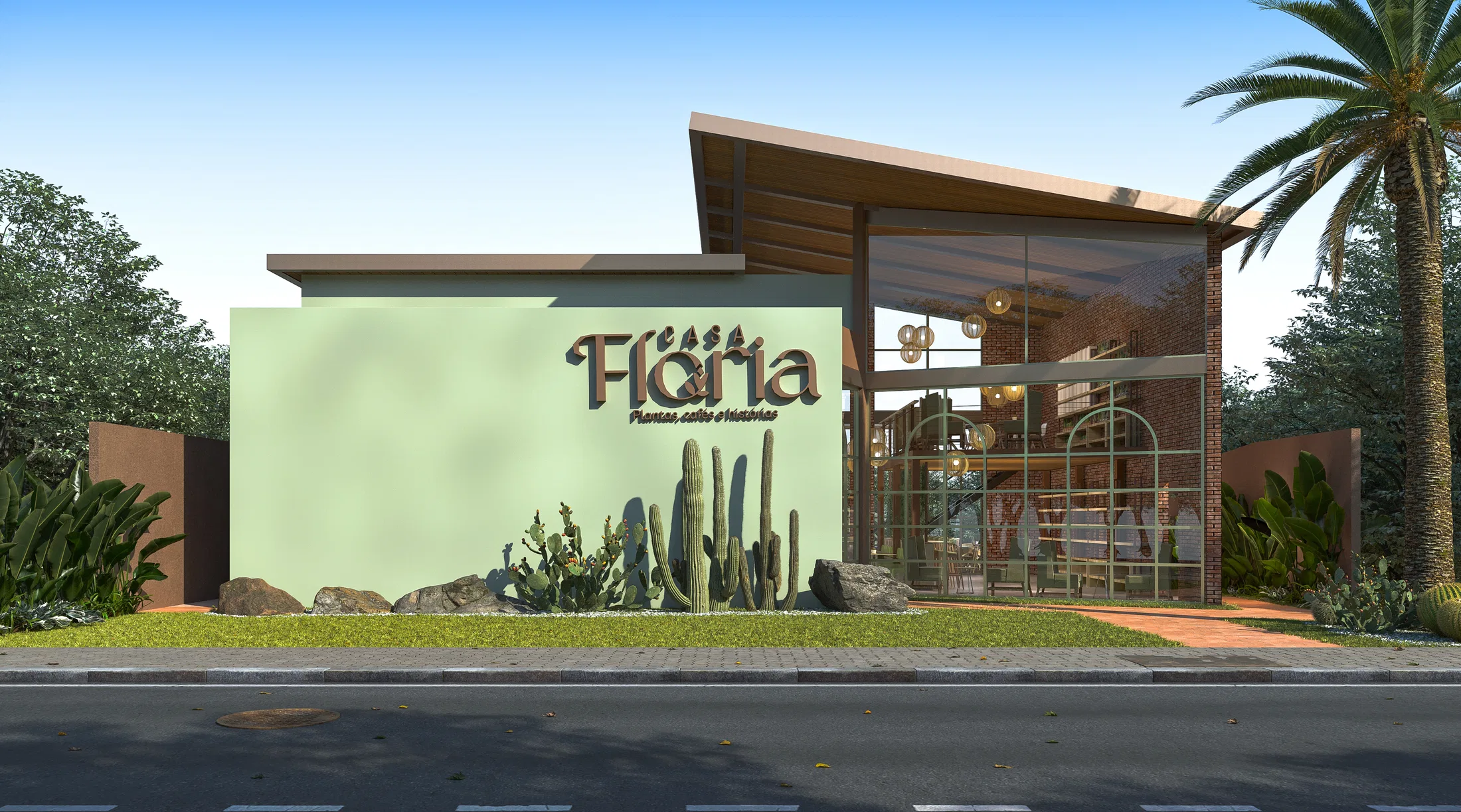 Facade with a light-green wall and raised Casa Floria lettering, a cactus-and-stone garden in front and a glazed pitched-roof volume alongside