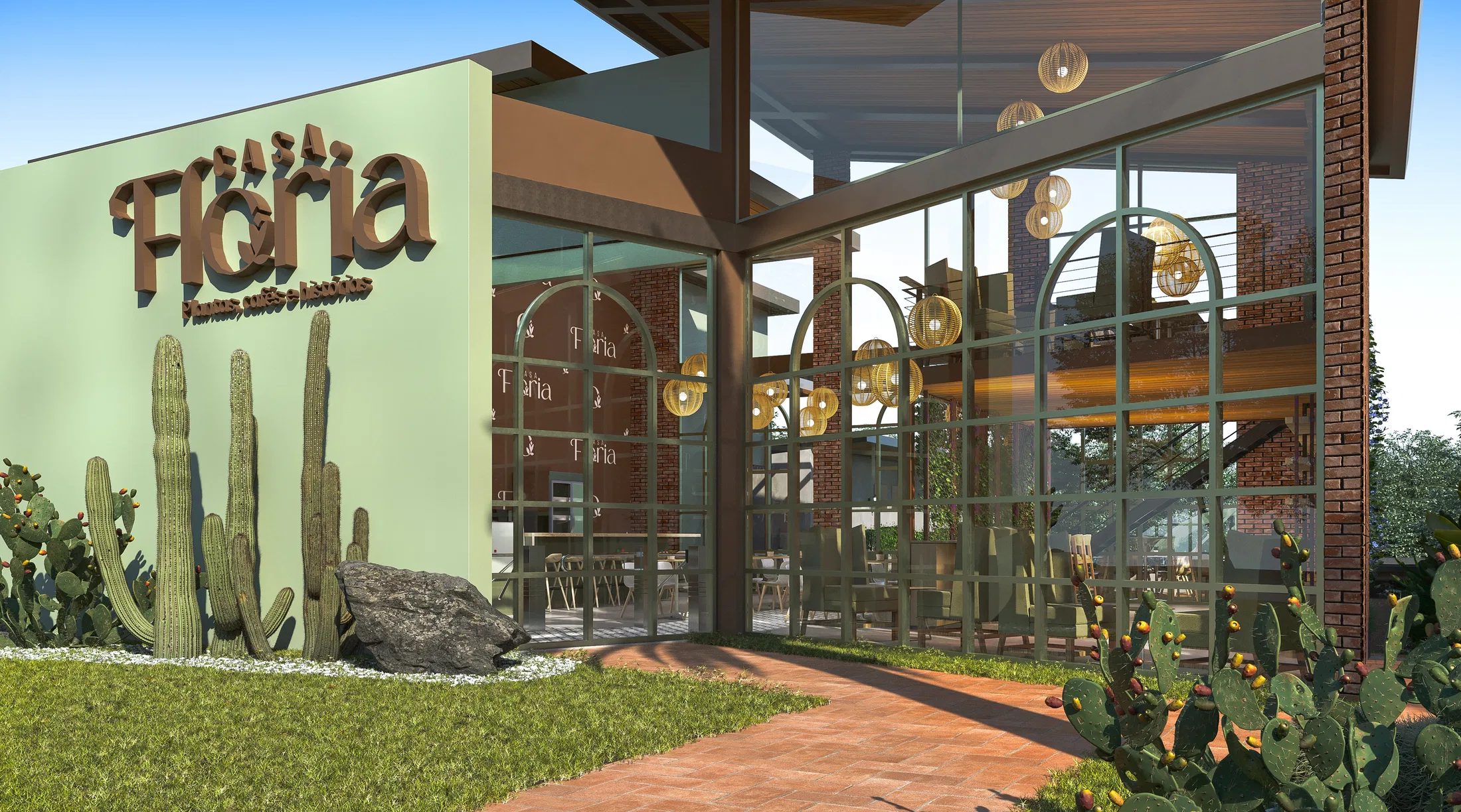 Close view of the entrance with the Floria lettering on the green wall, a cactus garden, an arched glazed facade and a herringbone brick path