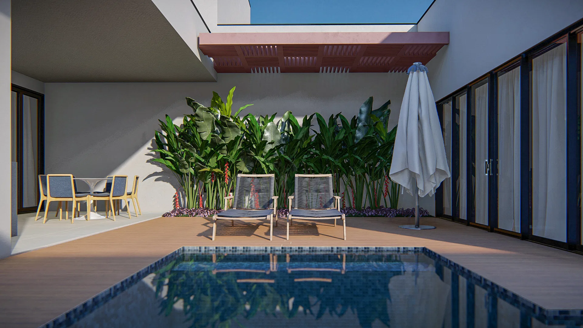 Internal courtyard with a blue-tiled pool, two loungers, a white parasol and a dining set before a bed of tropical foliage.