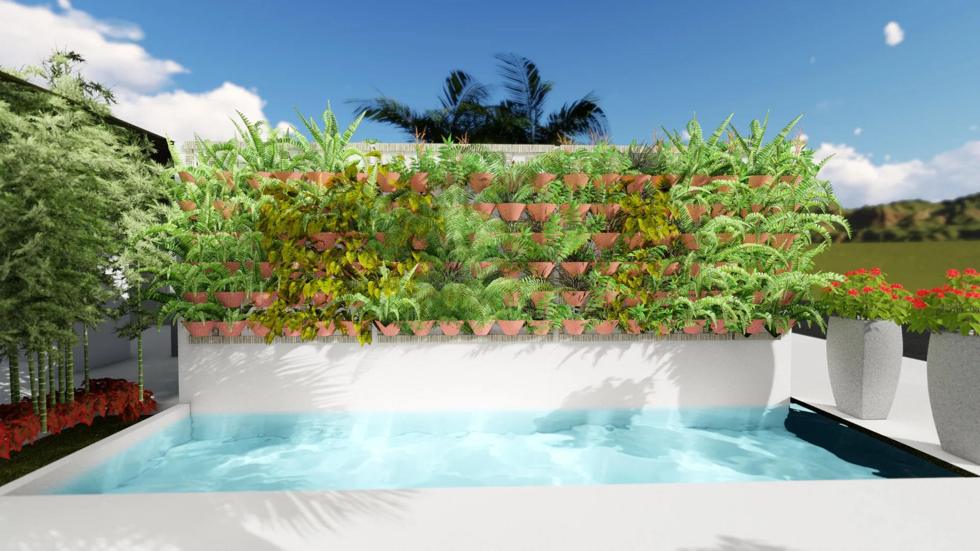 Clear-water pool before a vertical green wall of terracotta planters with ferns and foliage, mountains in the distance