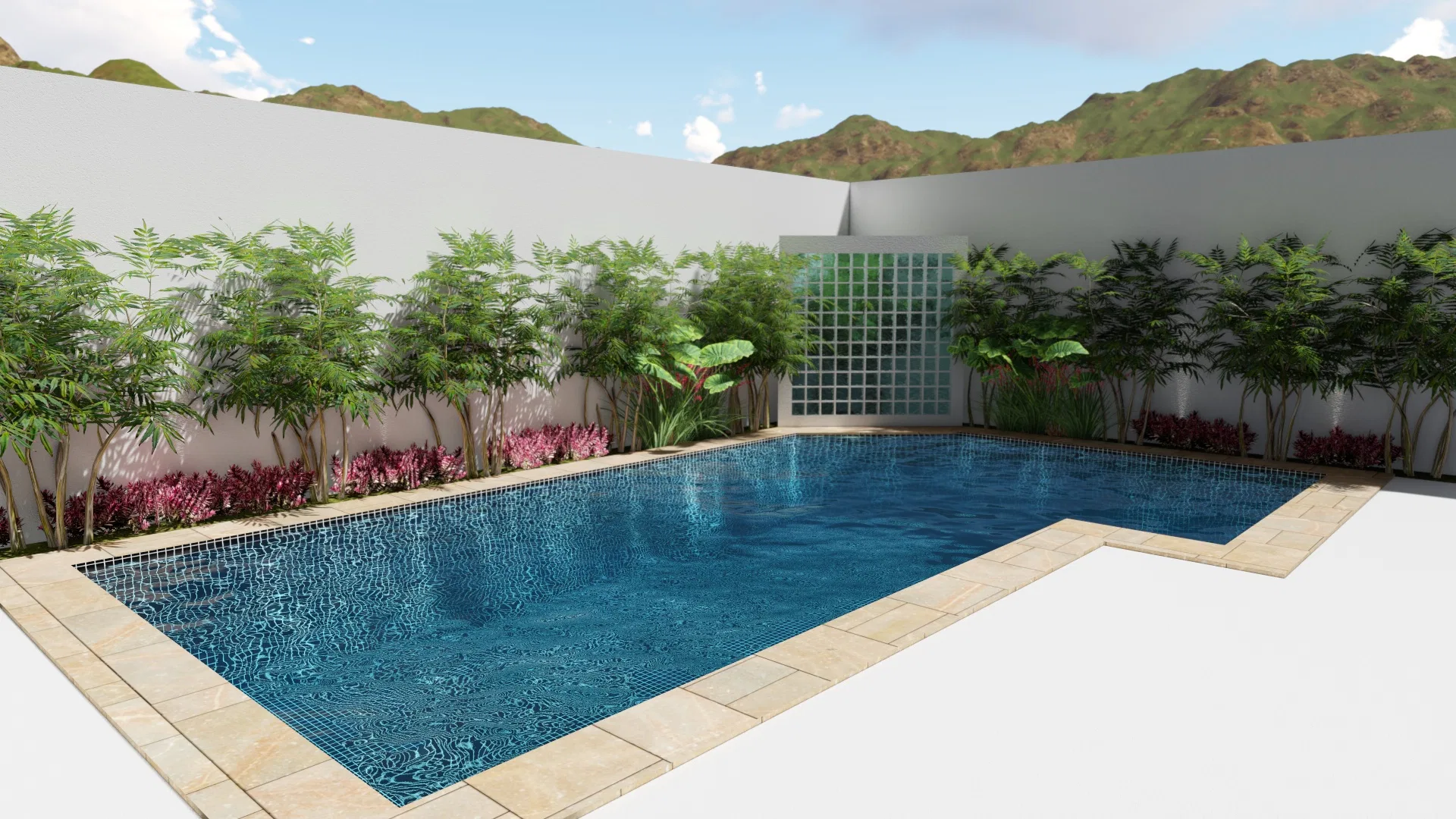 Rectangular pool clad in blue mosaic with a glass-block wall behind, ringed by tropical beds and framed by mountains