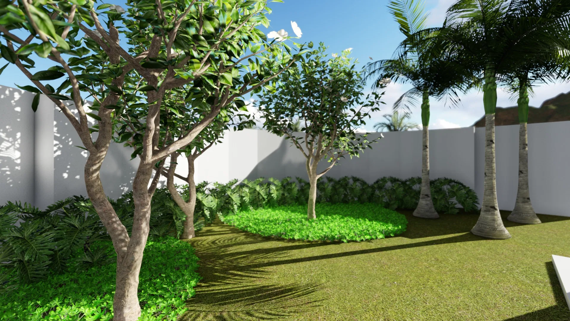 Tree-lined garden with pale-trunked trees, a mass of bright-green groundcover and palms aligned along the wall under a blue sky