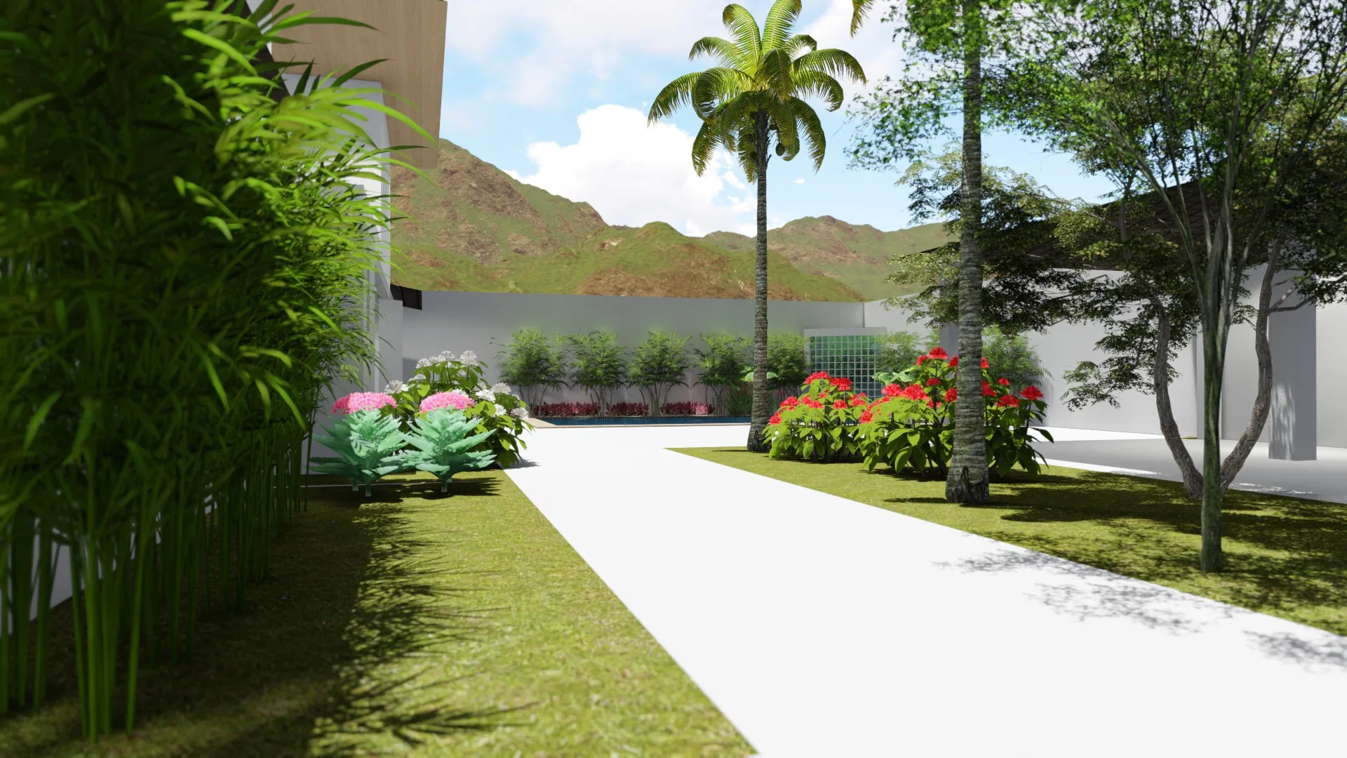 Broad light-paved walk flanked by bamboo, pink hydrangeas and beds of red flowers, a palm and mountains beyond