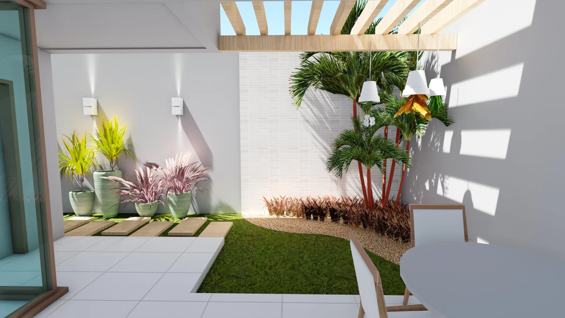 Pergola-covered patio at night, with scenic lighting over potted plants and a dining table in the background