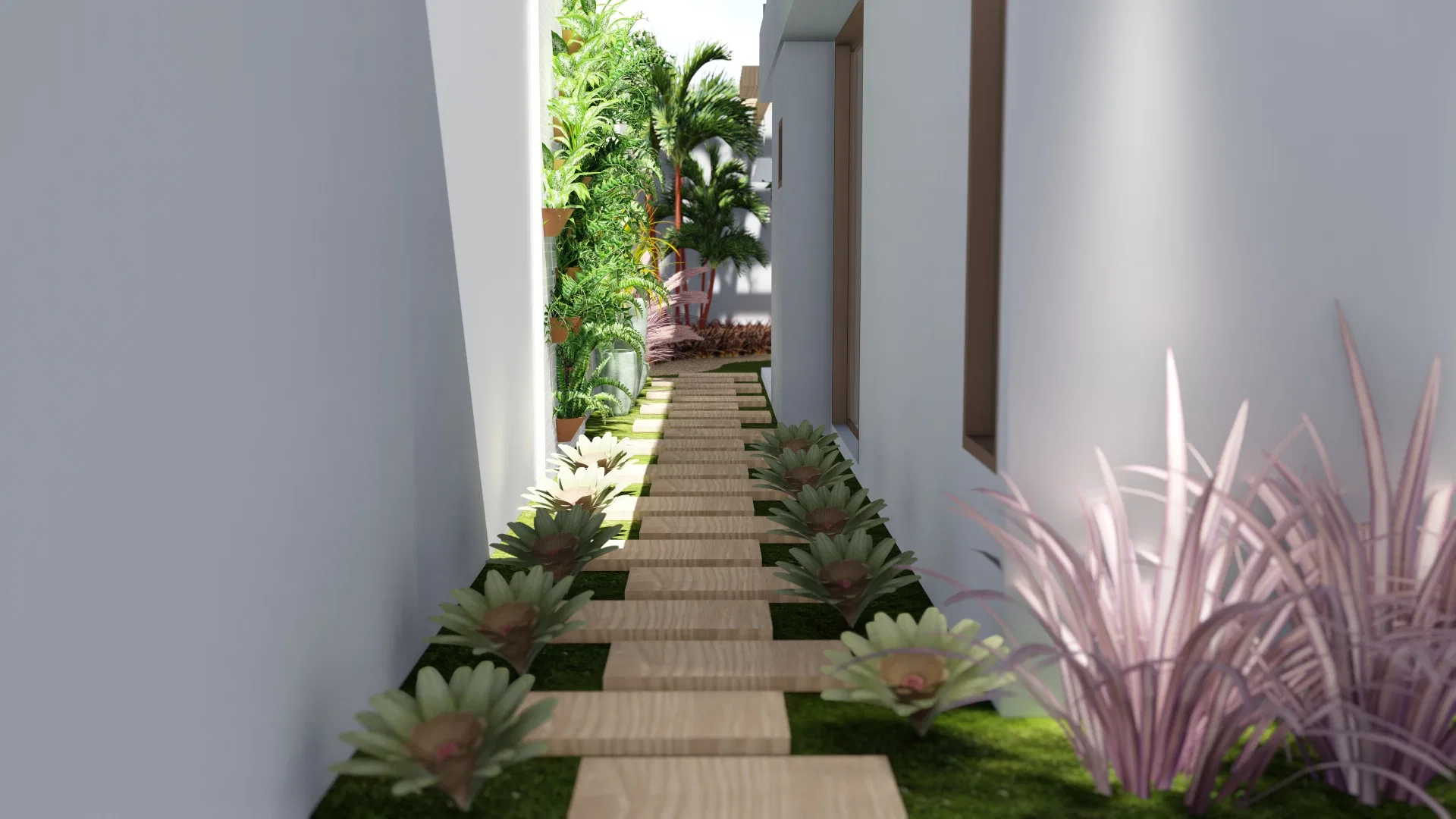 Narrow side passage of timber decking over grass, flanked by flowering beds and tropical foliage