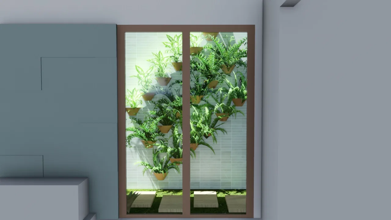 Vertical garden built into a wall niche, with hanging fern planters seen through a timber-framed window