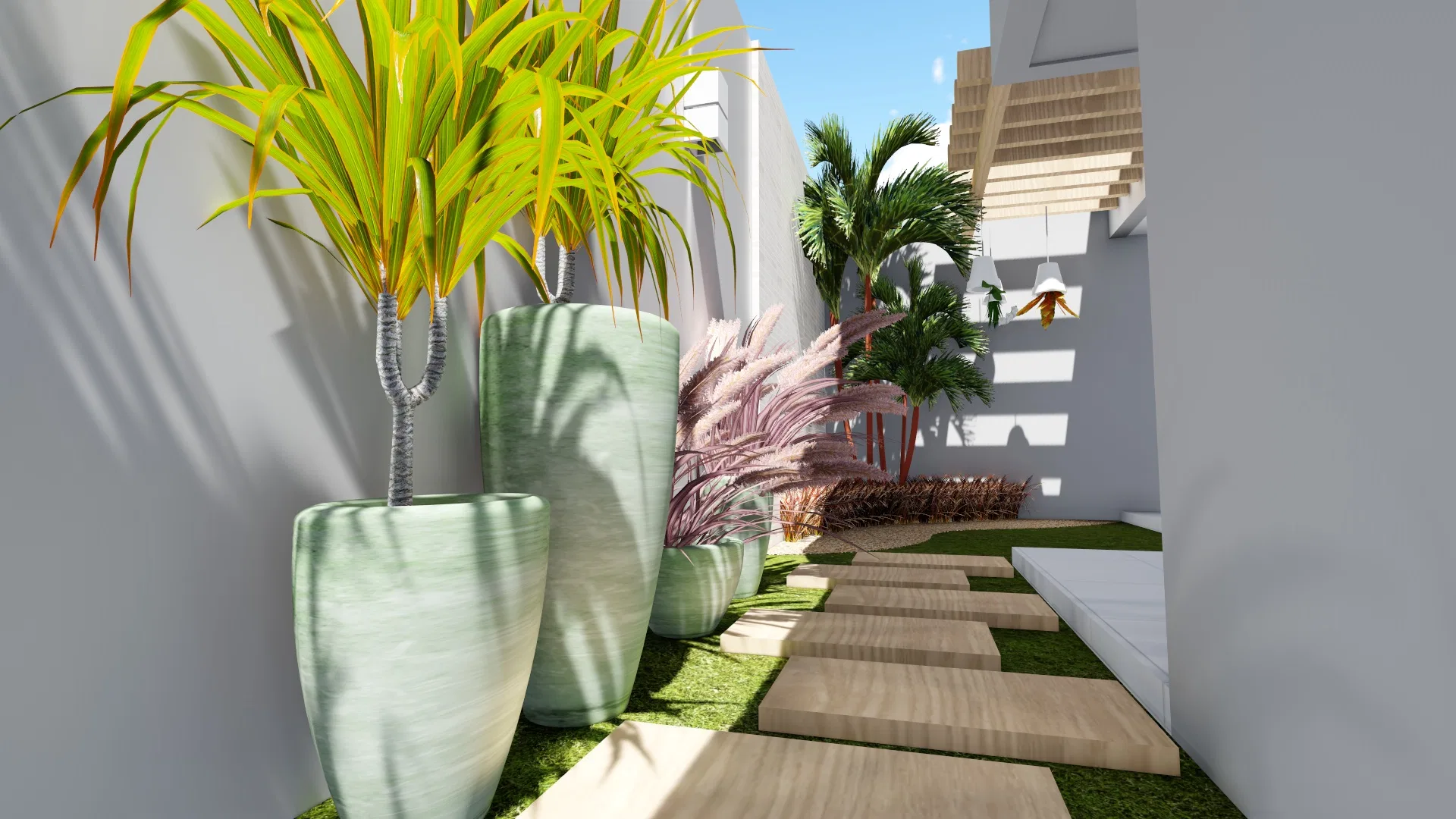 Side pathway with large rhapis palm planters and a pink pennisetum bed against the residence wall