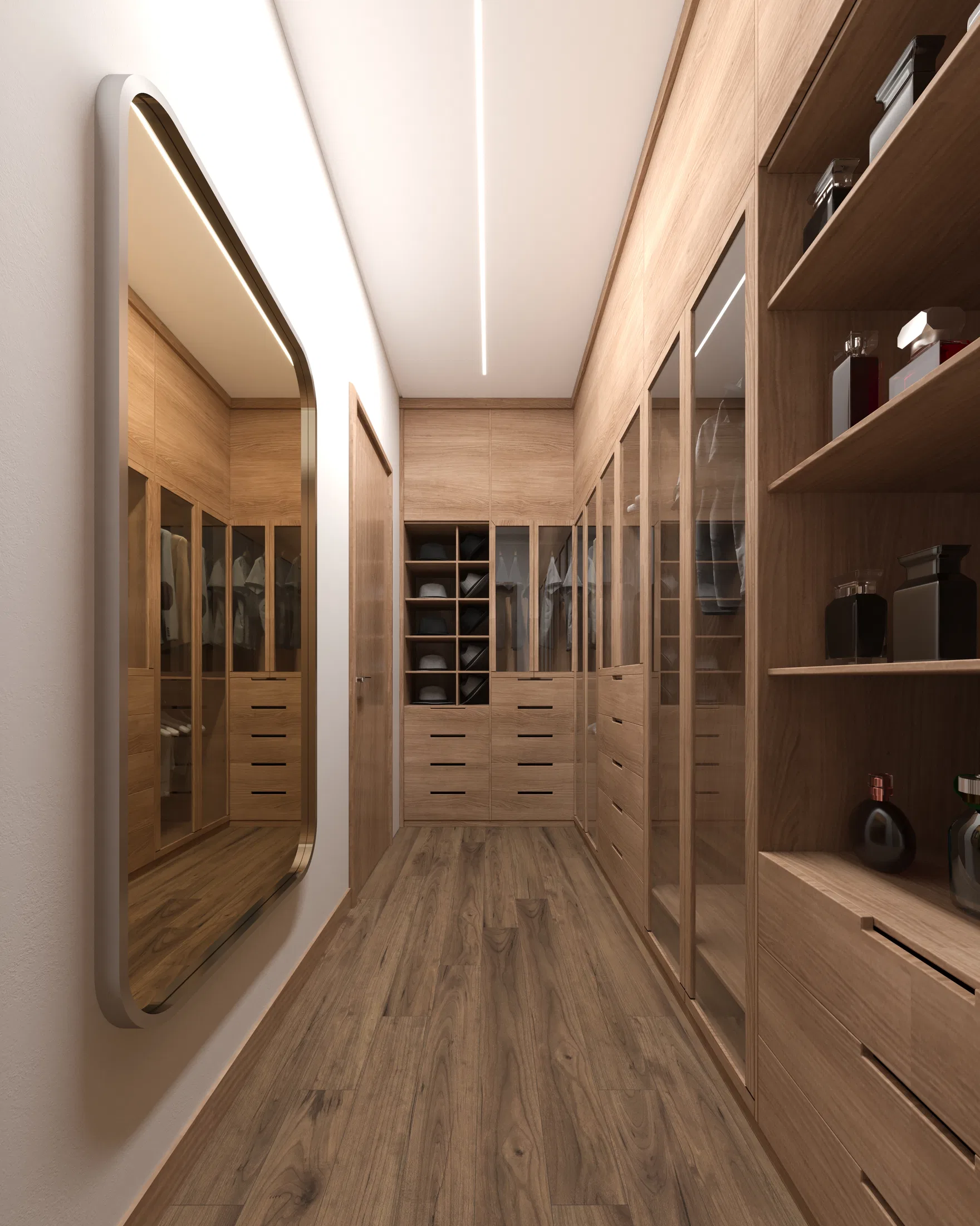 Closet corridor with a large rounded mirror on the wall, light-wood shelves and glass-front cabinets, lit niches and a wood floor