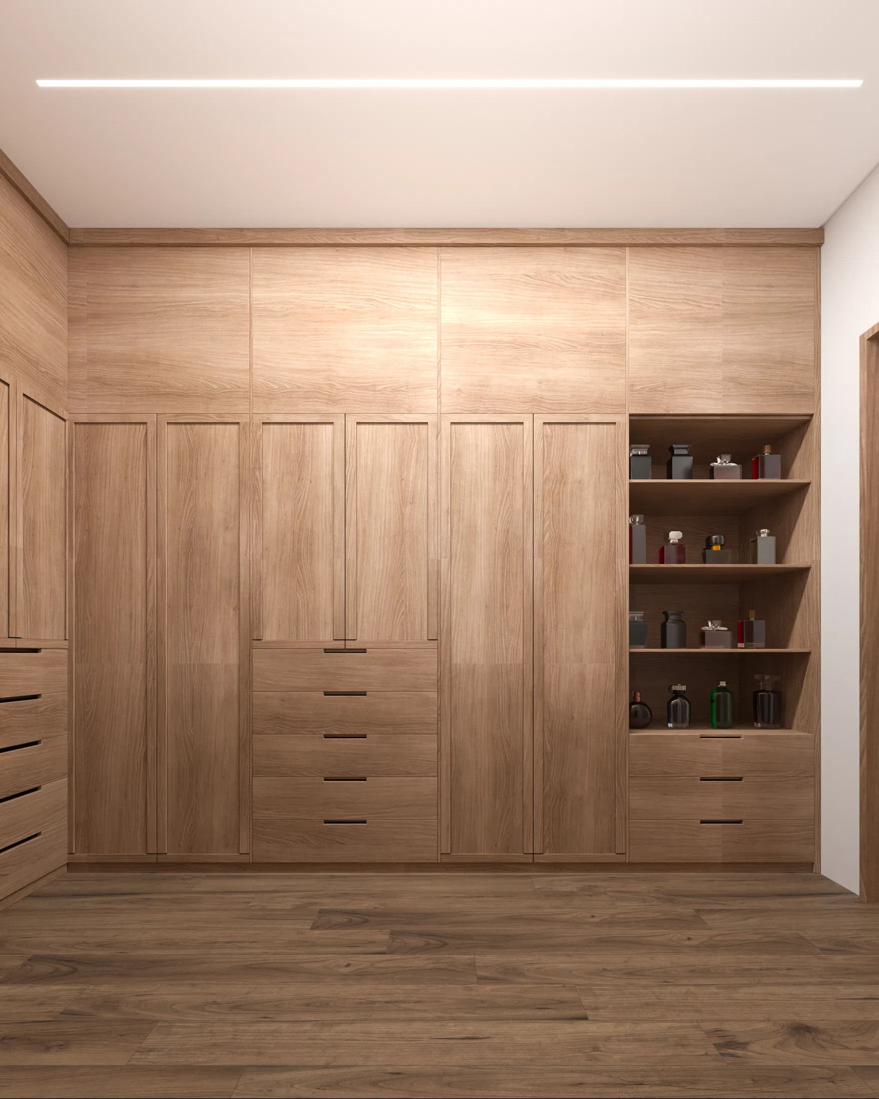 Closet in light-wood joinery with tall wardrobes, a central bank of drawers and open shelves holding arranged bottles, over a wood floor