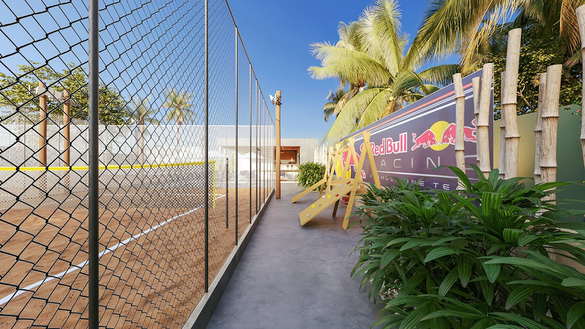 Narrow walkway between a court's fencing and a sports sponsor panel, with bamboo, tropical foliage and a concrete floor