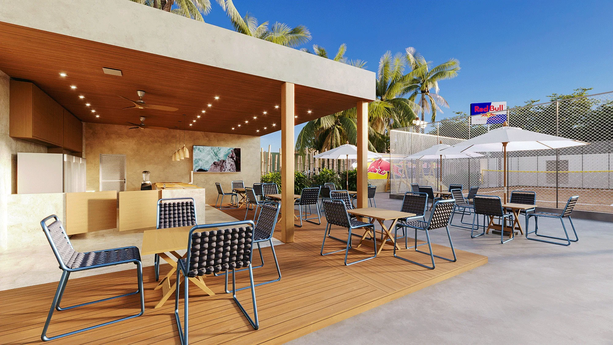 Covered service bar with a wood ceiling and recessed lights, a counter with a blender, wooden deck and tables with blue chairs opening to the courts