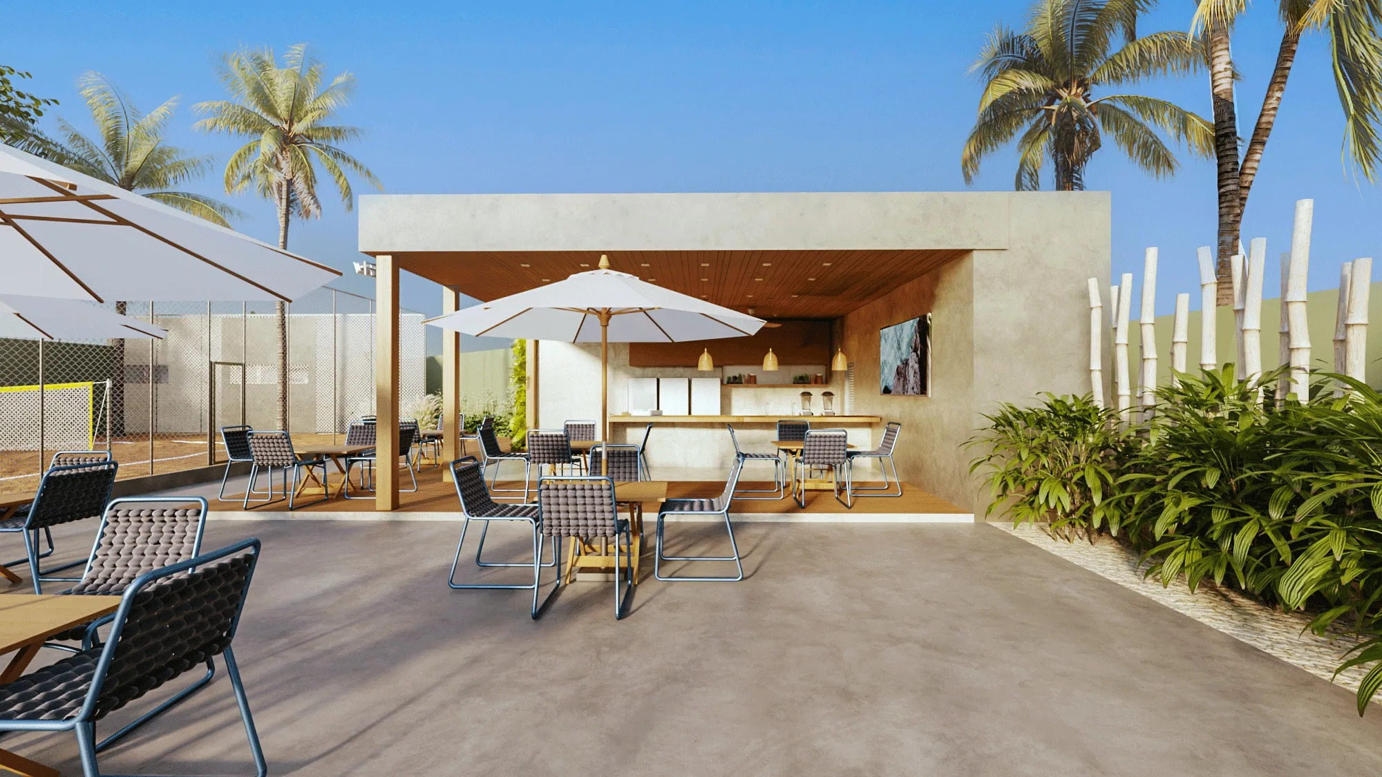 Open bar under a concrete-and-wood volume, with a counter behind, tables and woven chairs, a parasol and coconut palms against the sky