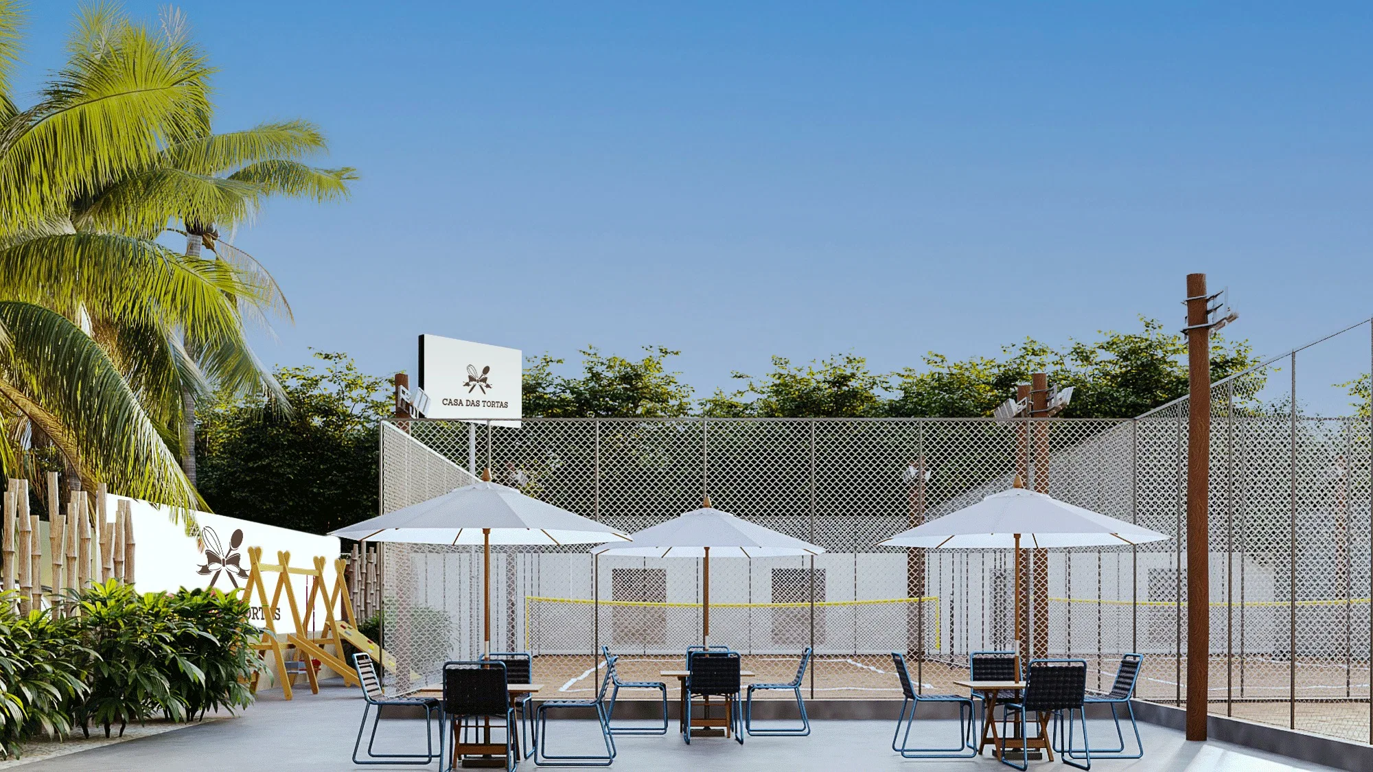 Outdoor seating area with white parasols and navy chairs on a pale floor, beside the court fencing and a signage panel
