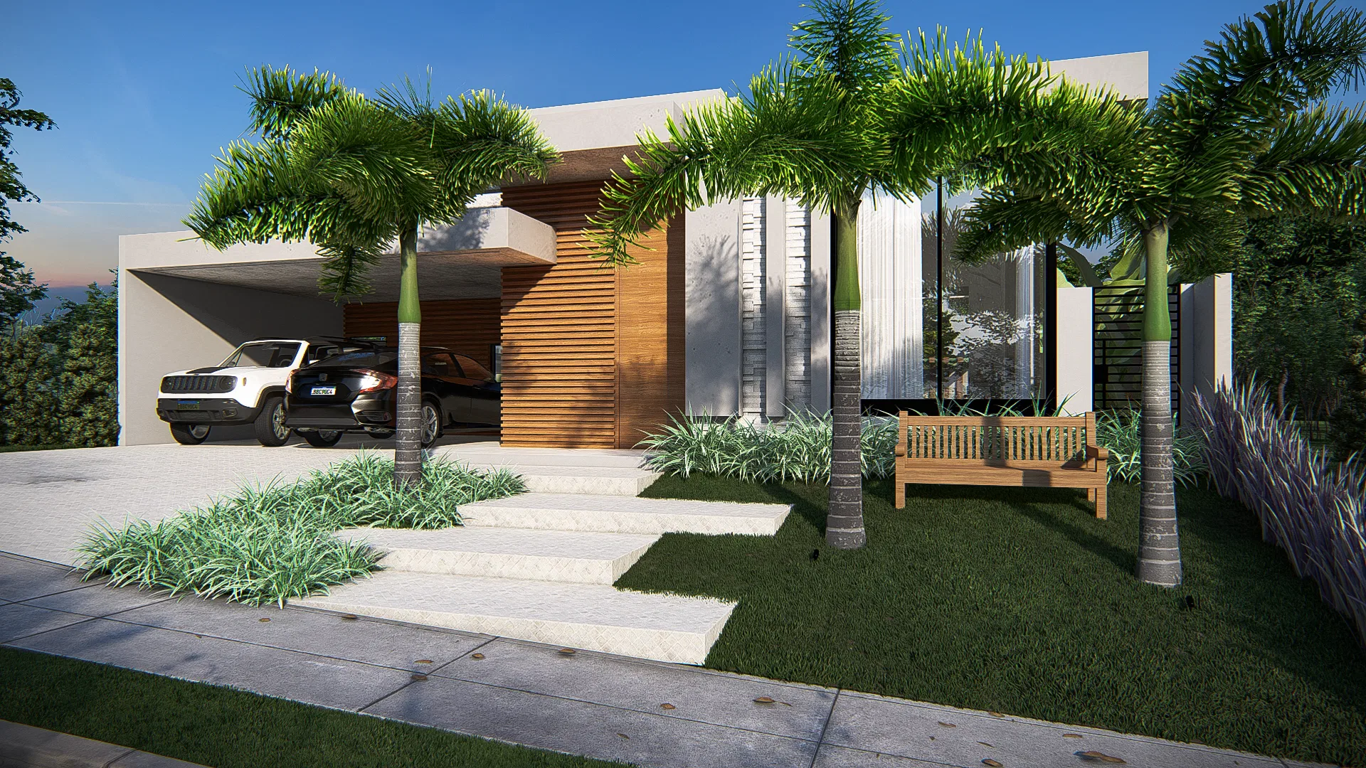 Backyard at dusk with a dark-edged pool, white loungers, a woven hanging chair and a pergola with a sofa beyond, among planters and trees