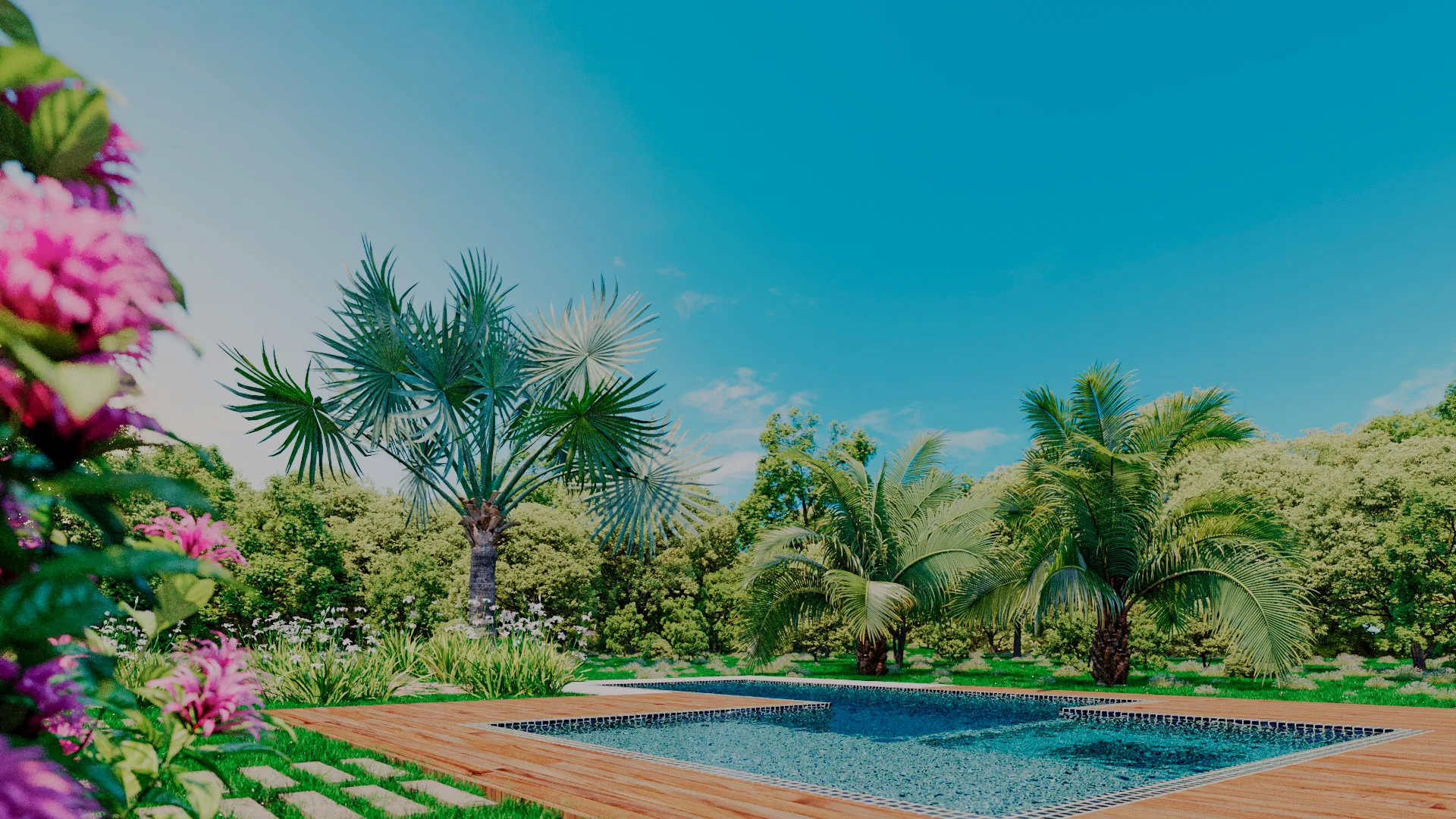Wooden deck beside the pool, surrounded by palm trees and tropical vegetation, with pink flowers in the foreground.