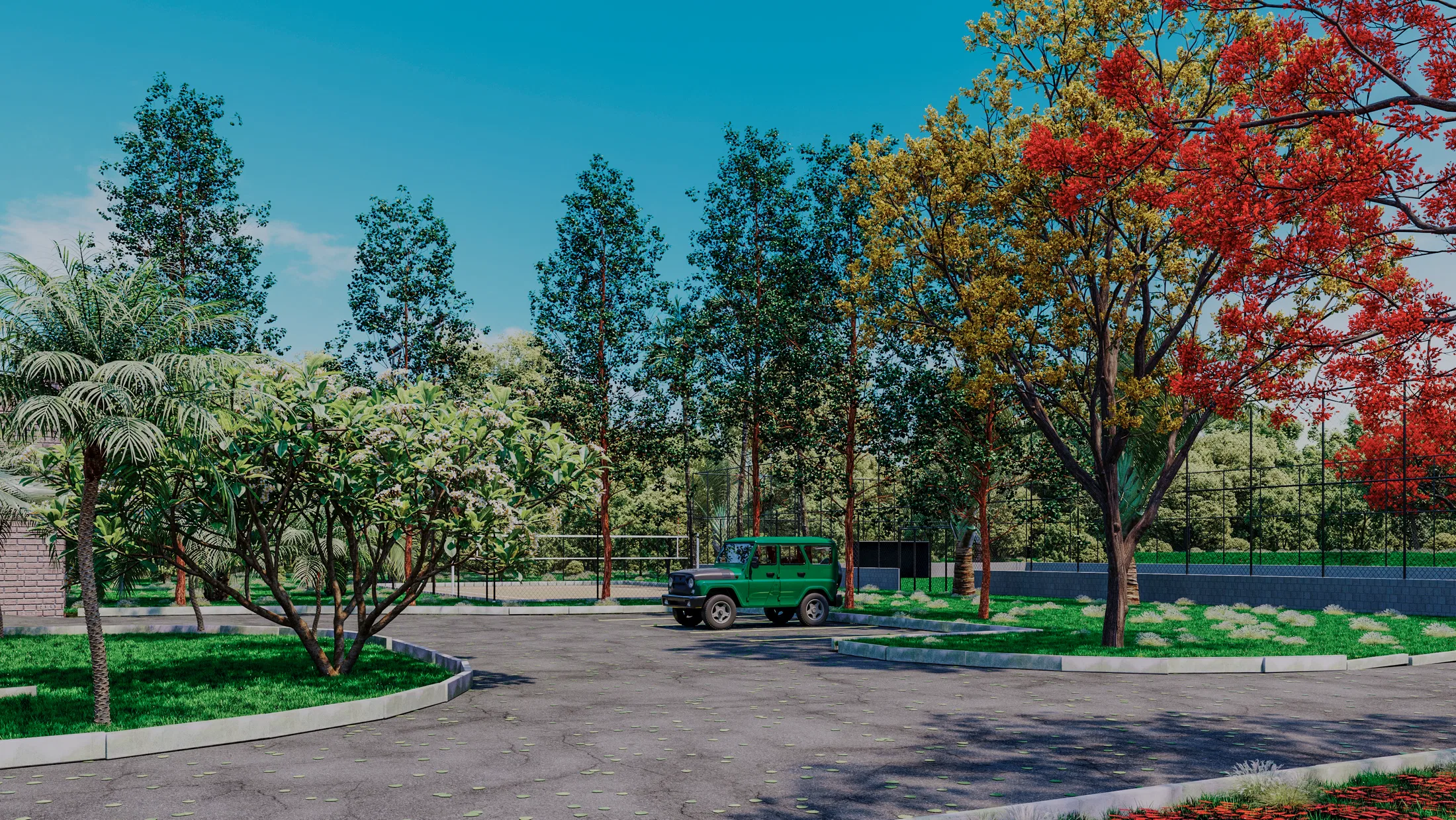 Tree-lined parking area with flowering groundcover, palm trees and trees with red and yellow foliage in the background.