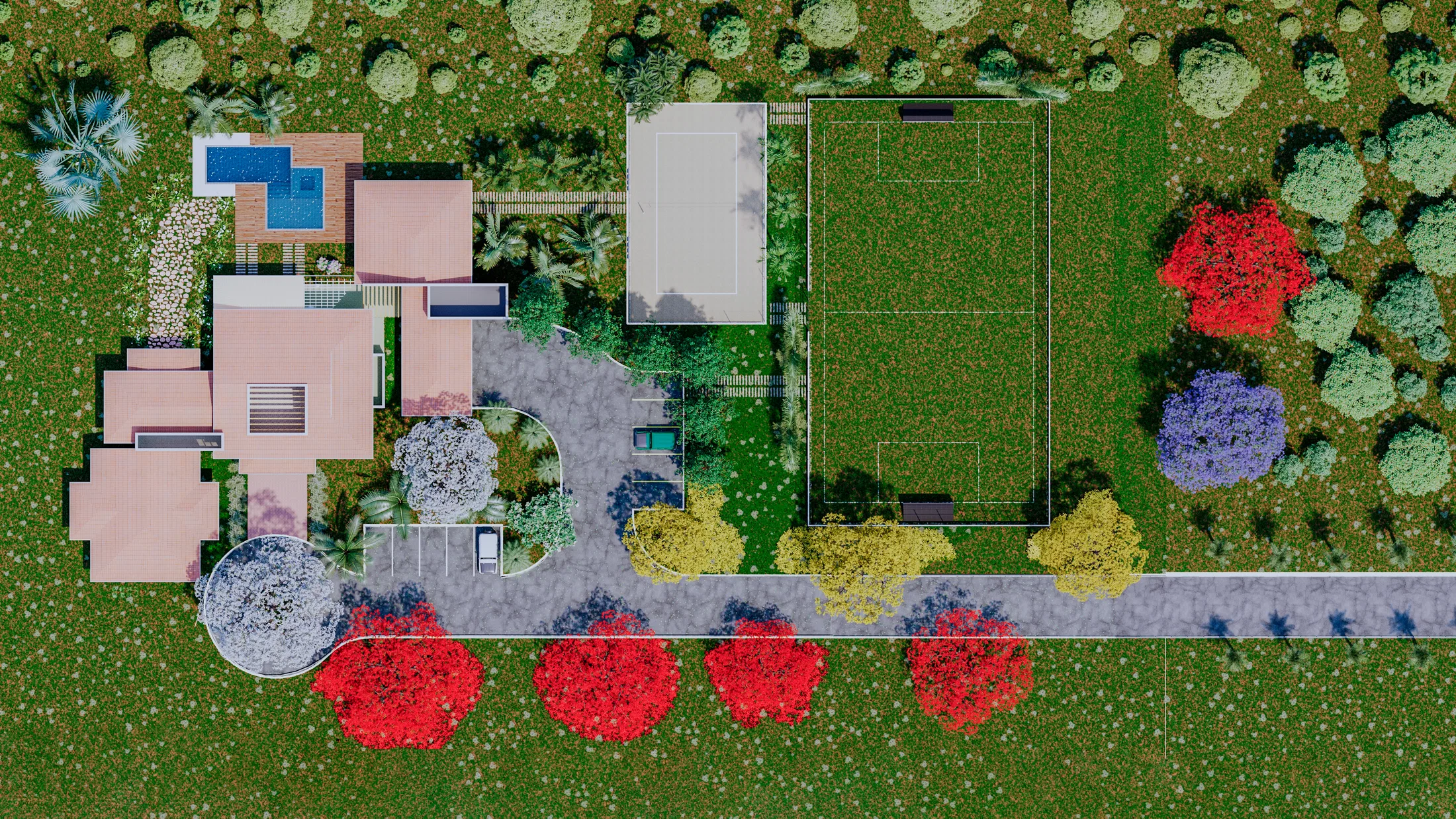 Aerial view of the property showing a pool, buildings, a grass sports court and wooded areas around it.