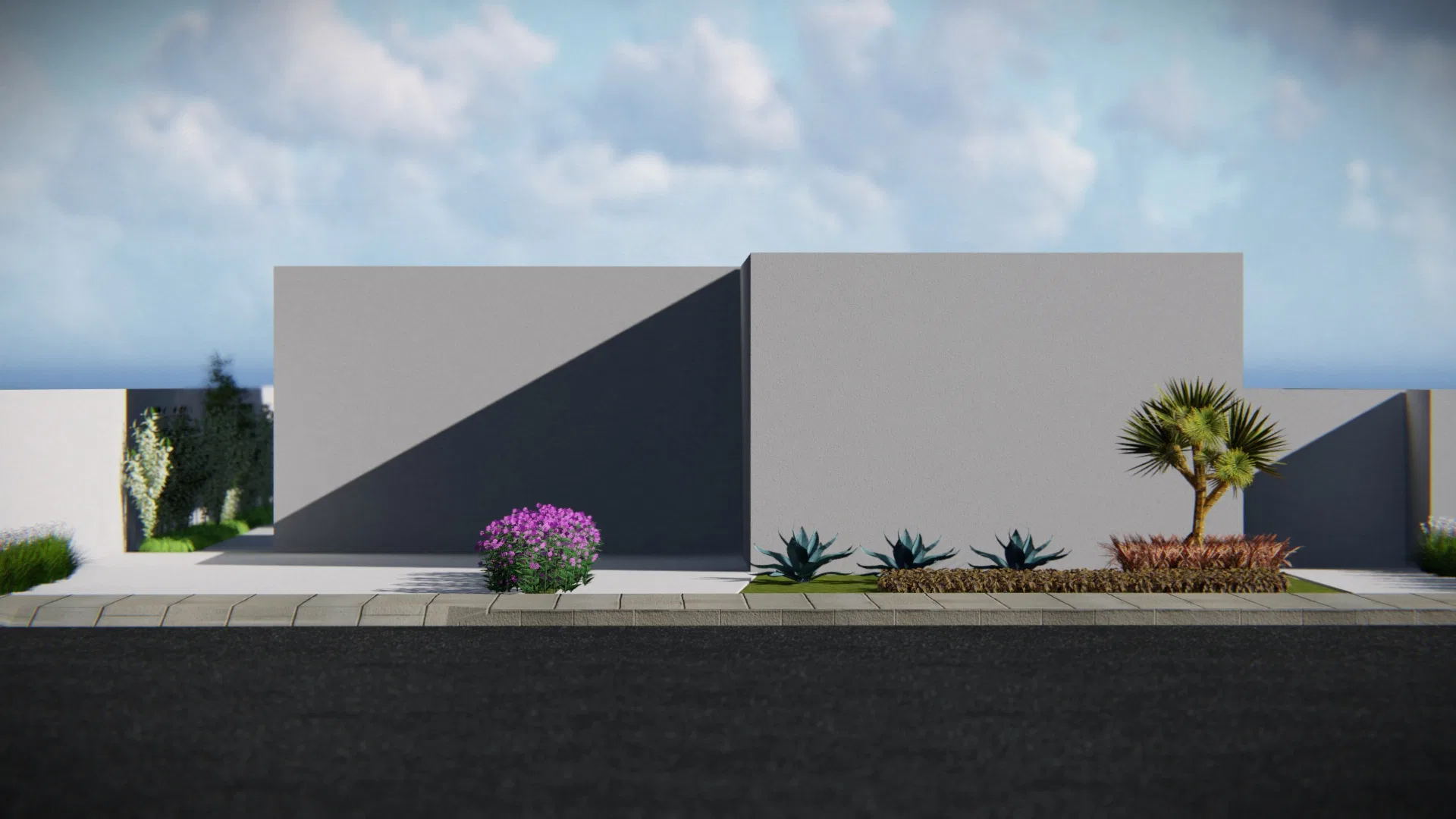 Front view of a gray facade with a diagonal shadow and a base bed gathering a lilac shrub, agaves, bronze grasses and a small palm