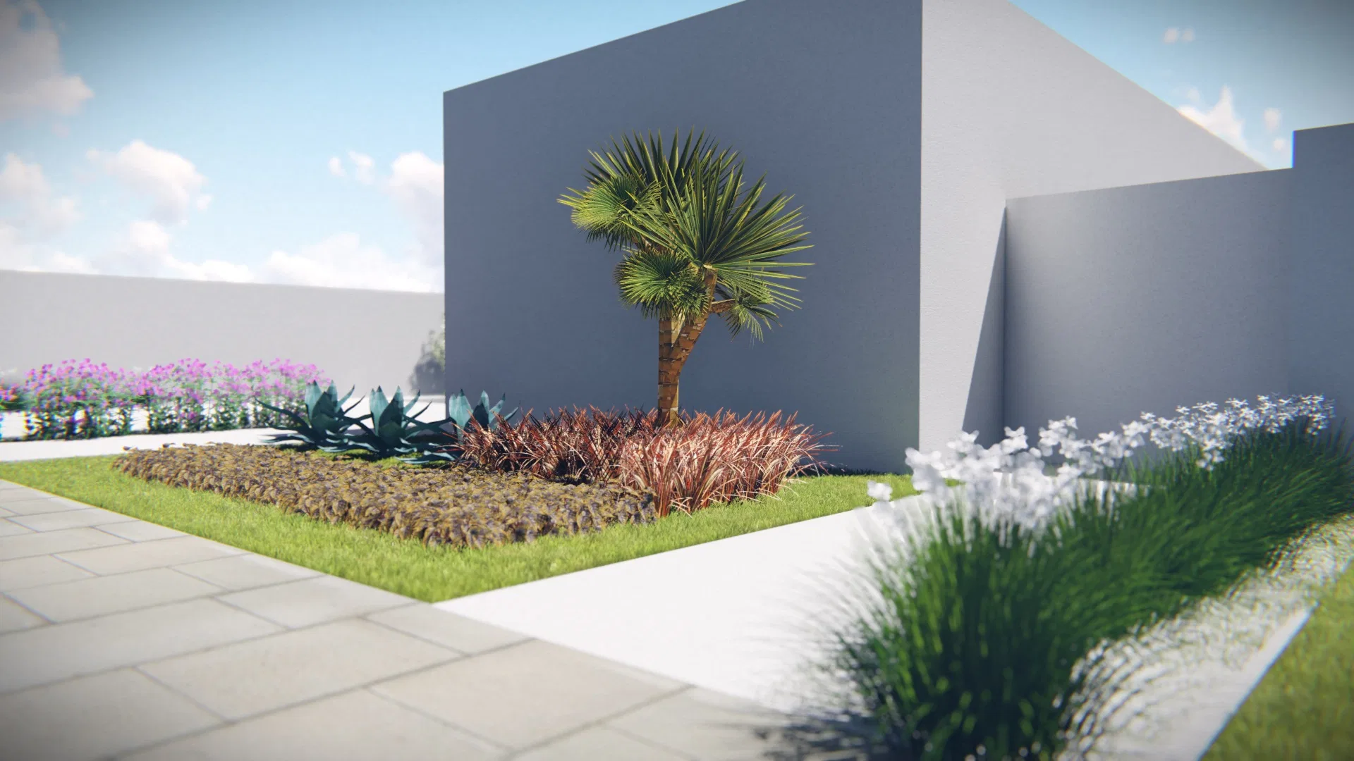 Corner planting bed with a fan palm over gravel, bronze grasses and agaves, framed by lilac blooms and white flowering grasses beside a gray wall