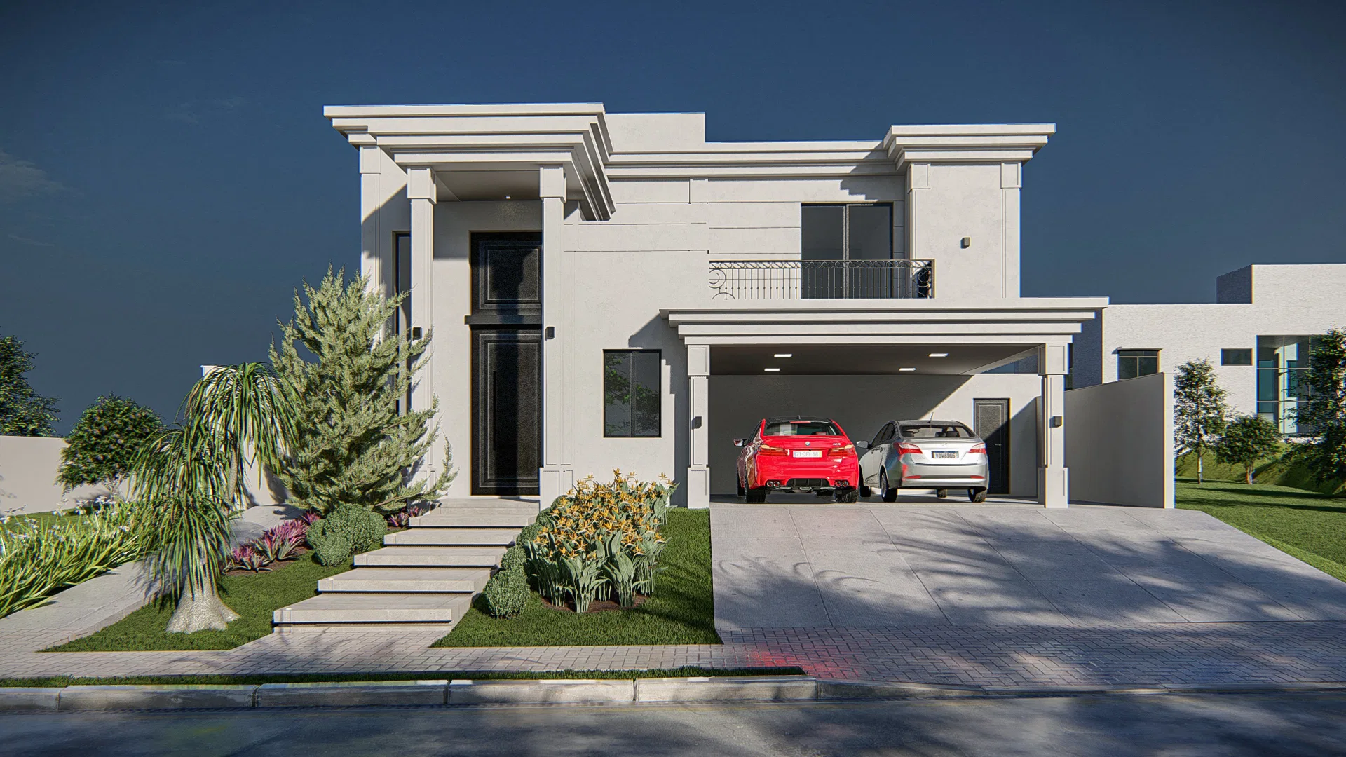 Contemporary two-story facade with a front garden, a fan palm and two cars parked under the garage canopy