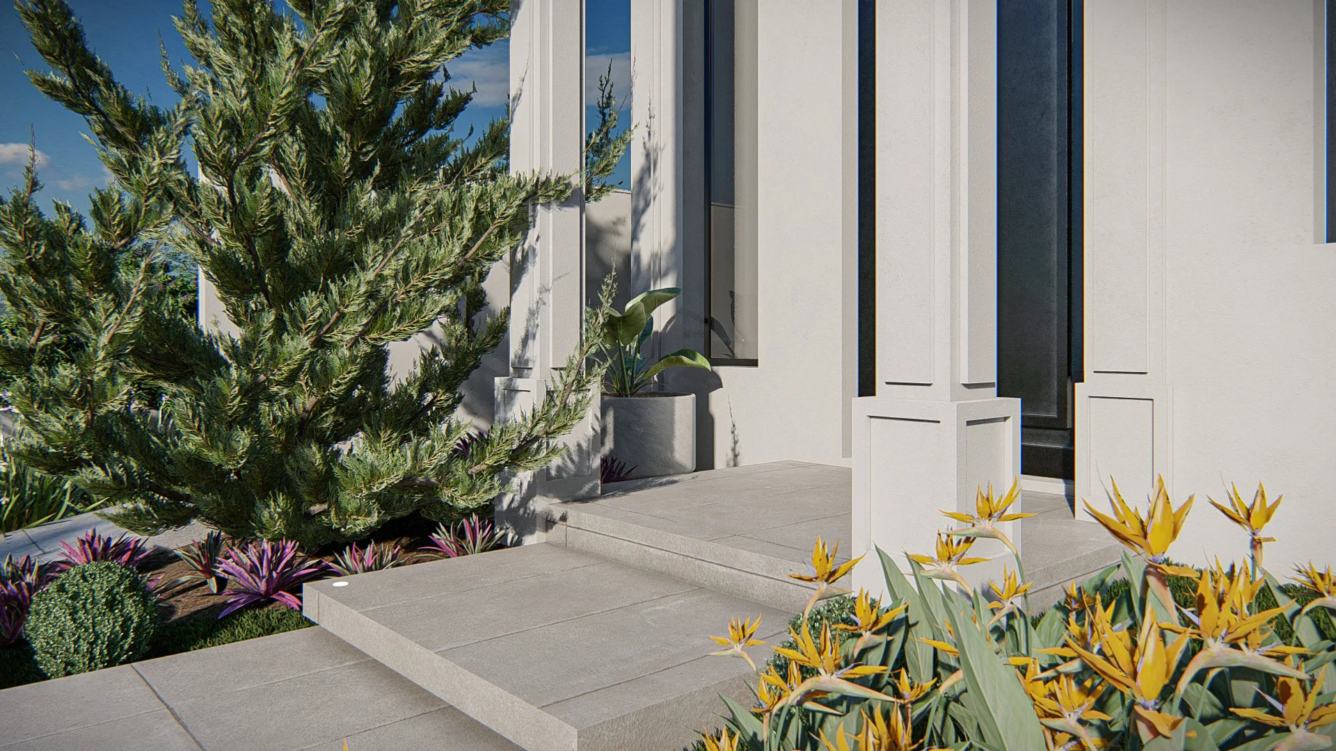 Detail of the entry garden with an ornamental pine, yellow bird-of-paradise flowers and stone steps leading to the door