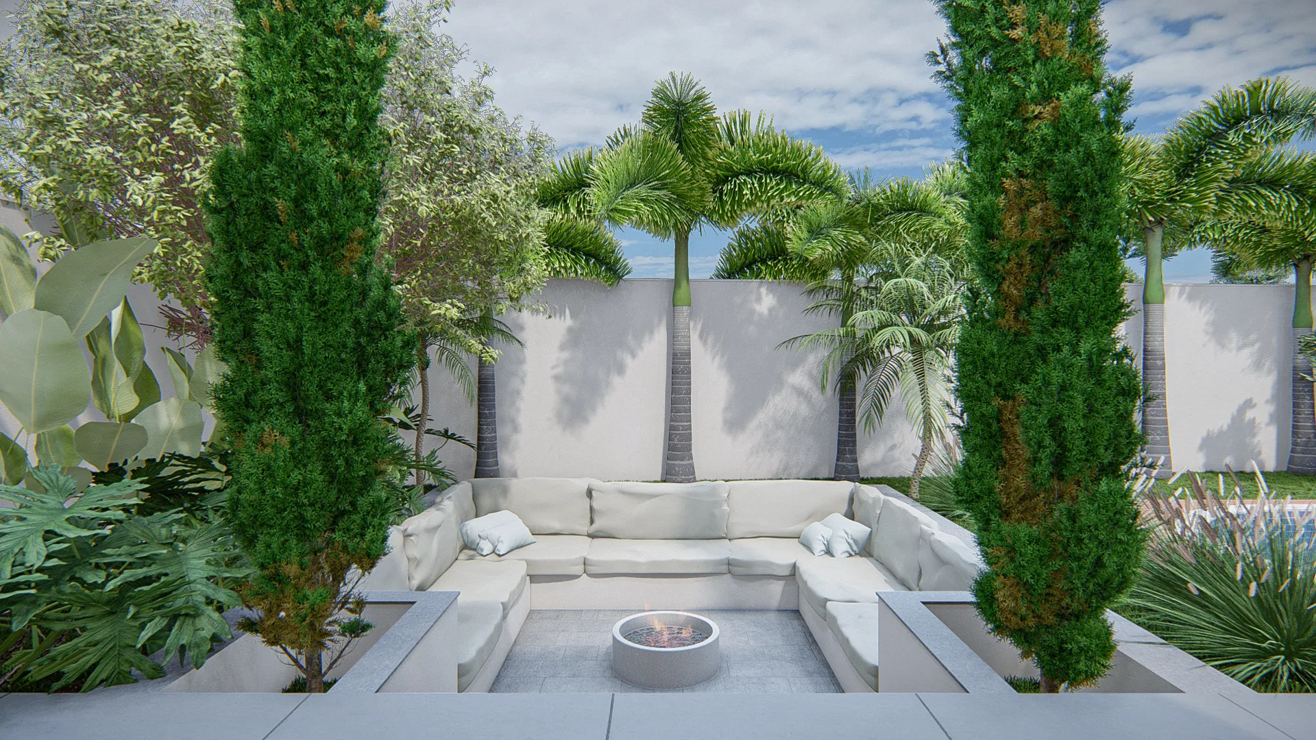Outdoor lounge with a built-in U-shaped sofa, a central fire pit, Italian cypresses and palm trees against a lit white wall