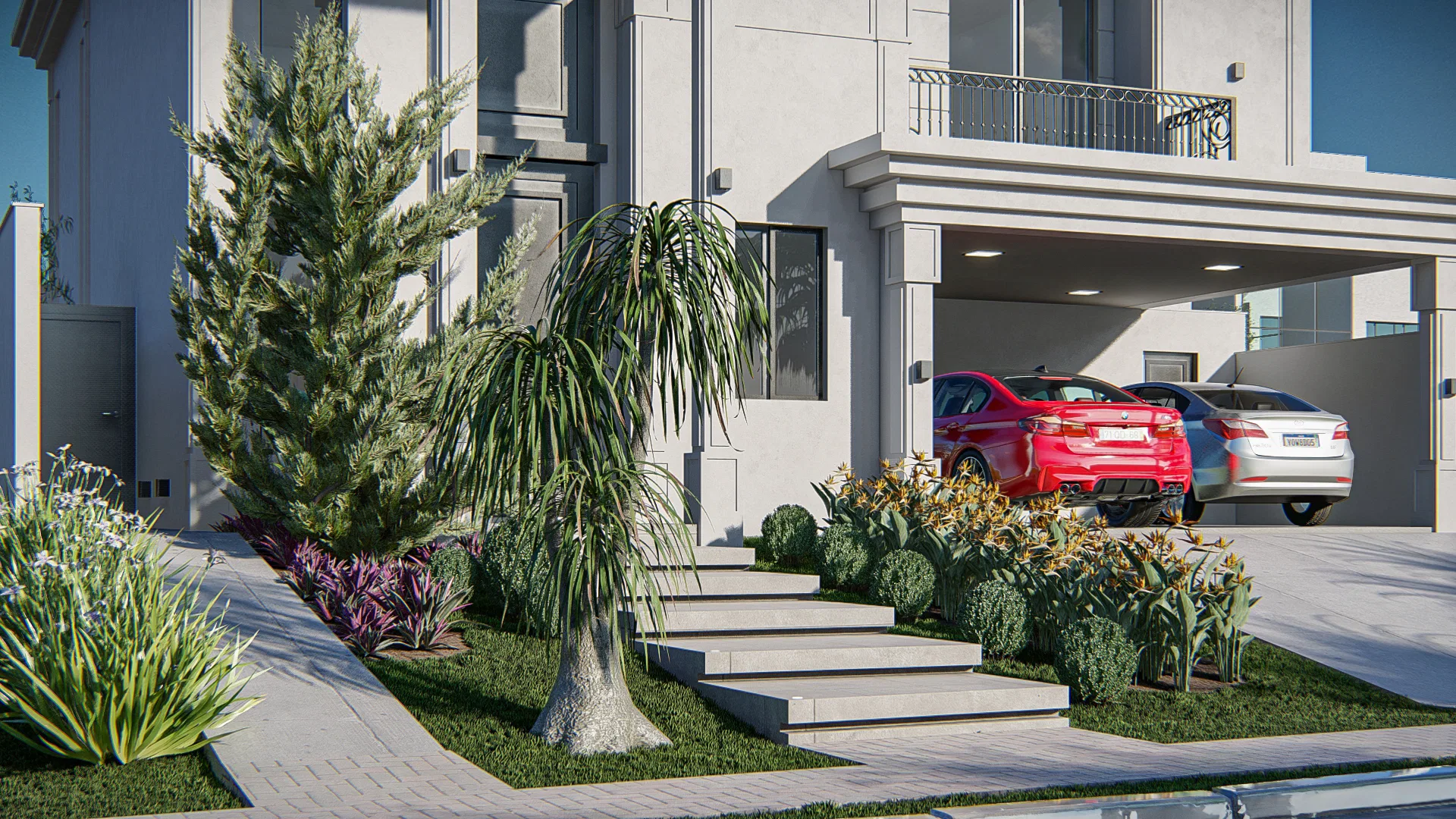 Closer view of the entrance with a tropical garden, bird-of-paradise flowers, access steps and cars in the covered garage