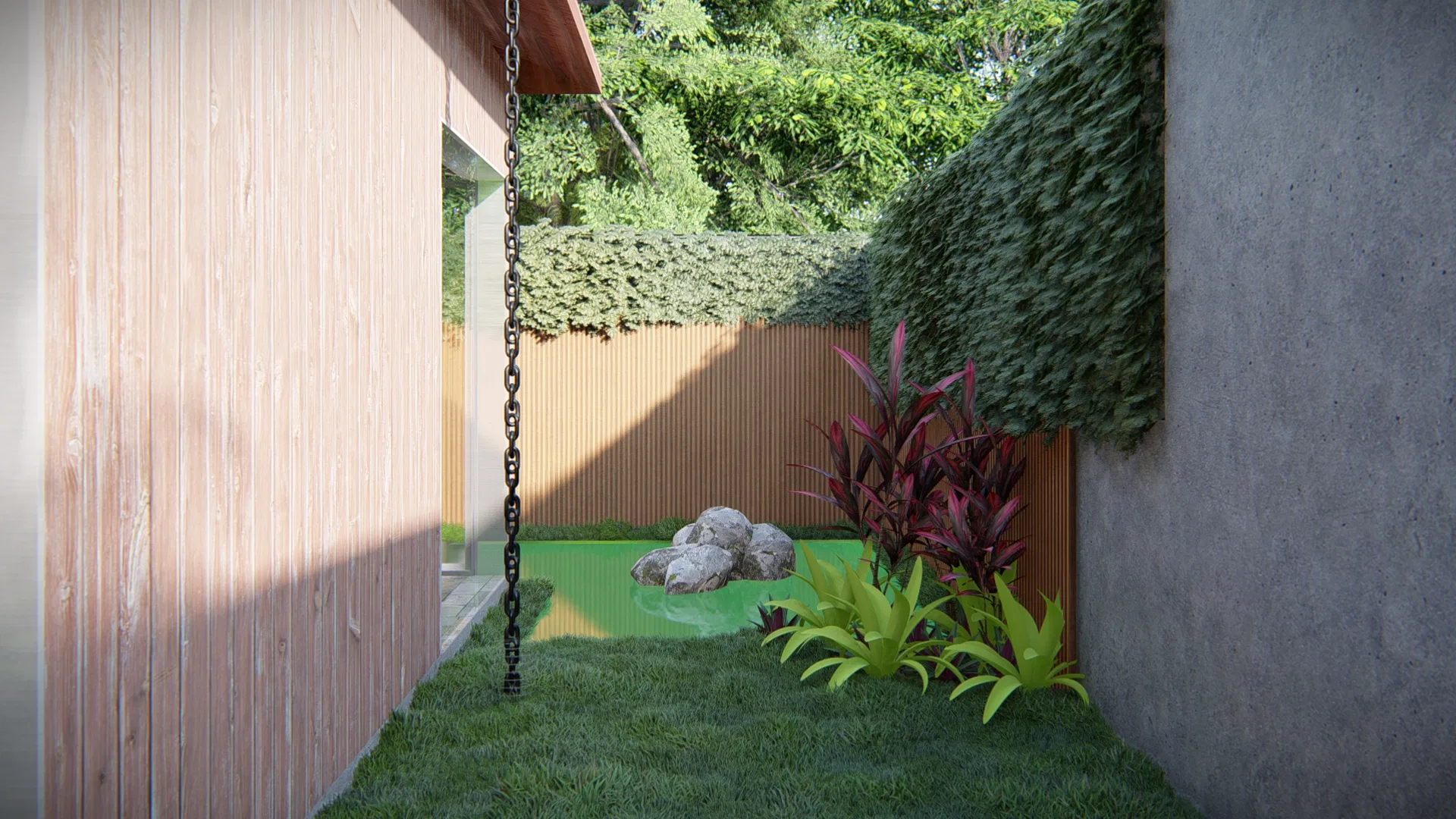 Architectural visualization of Residential Landscaping with Palm Facade and Reflecting-Pool Outdoor Lounge — GRON 3D