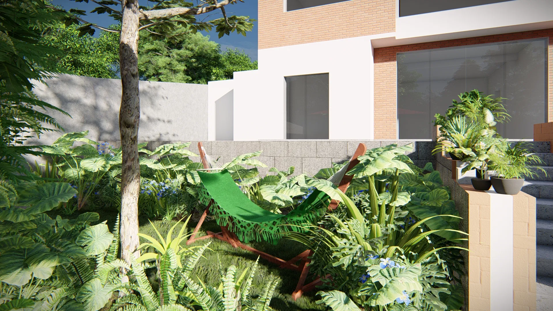 Architectural visualization of Residential Landscaping with Palm Facade and Reflecting-Pool Outdoor Lounge — GRON 3D