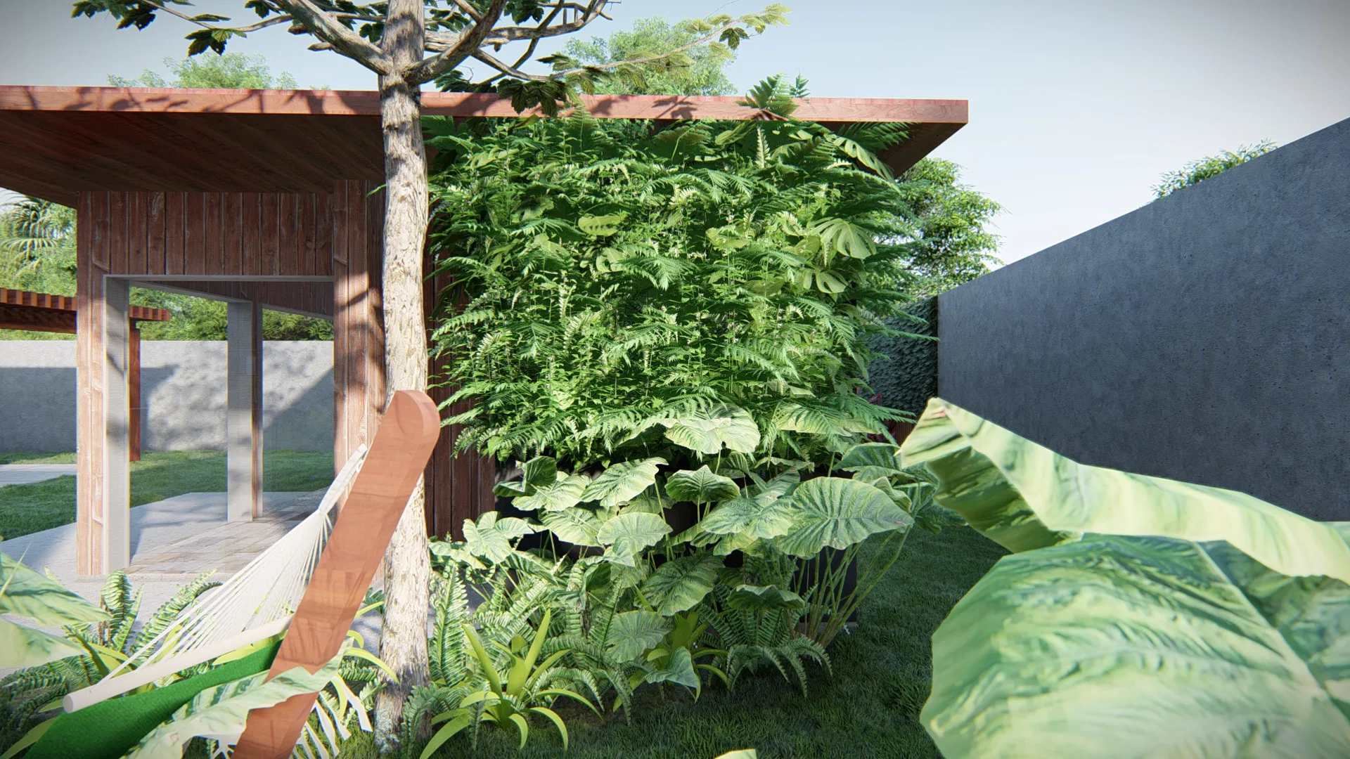 Architectural visualization of Residential Landscaping with Palm Facade and Reflecting-Pool Outdoor Lounge — GRON 3D