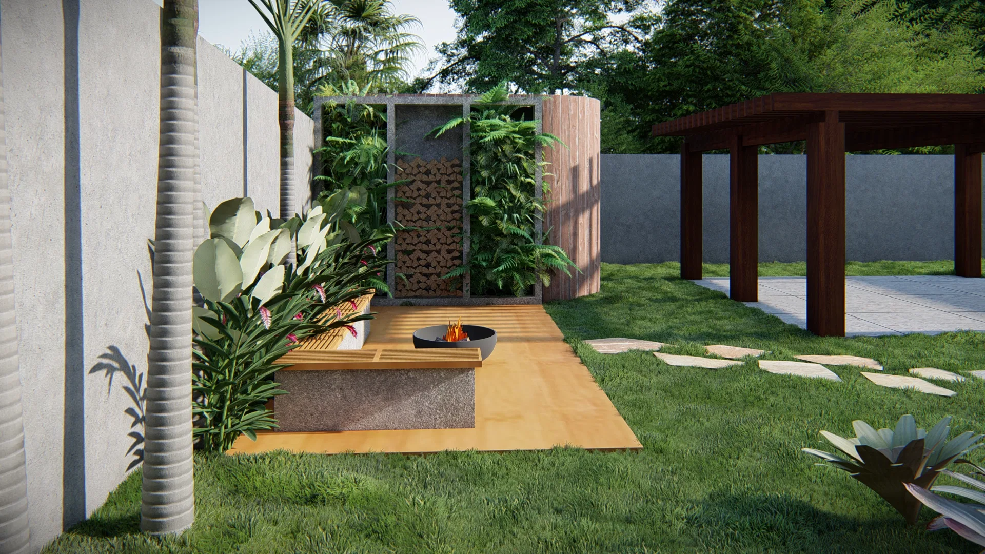 Architectural visualization of Residential Landscaping with Palm Facade and Reflecting-Pool Outdoor Lounge — GRON 3D