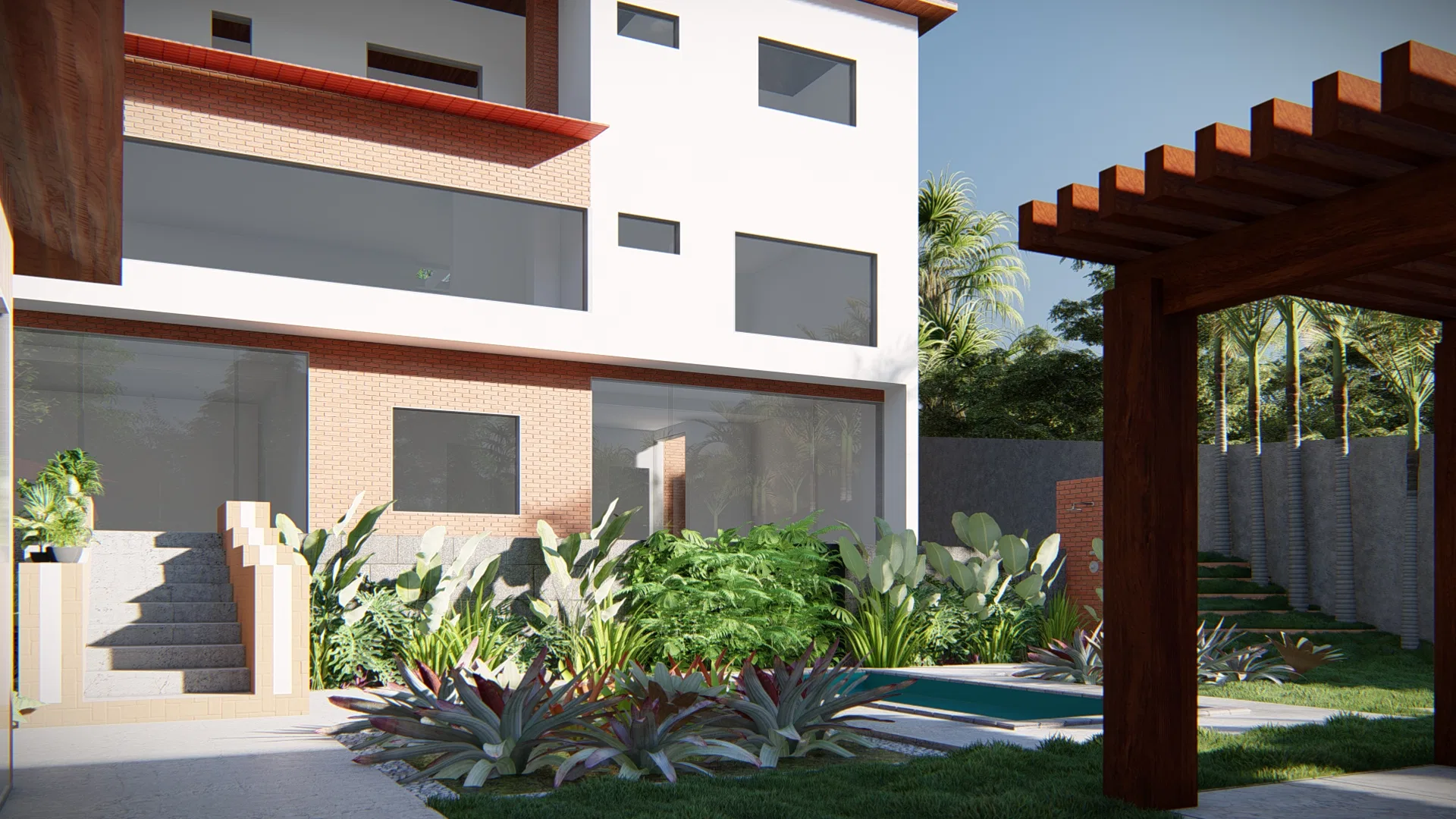 Architectural visualization of Residential Landscaping with Palm Facade and Reflecting-Pool Outdoor Lounge — GRON 3D