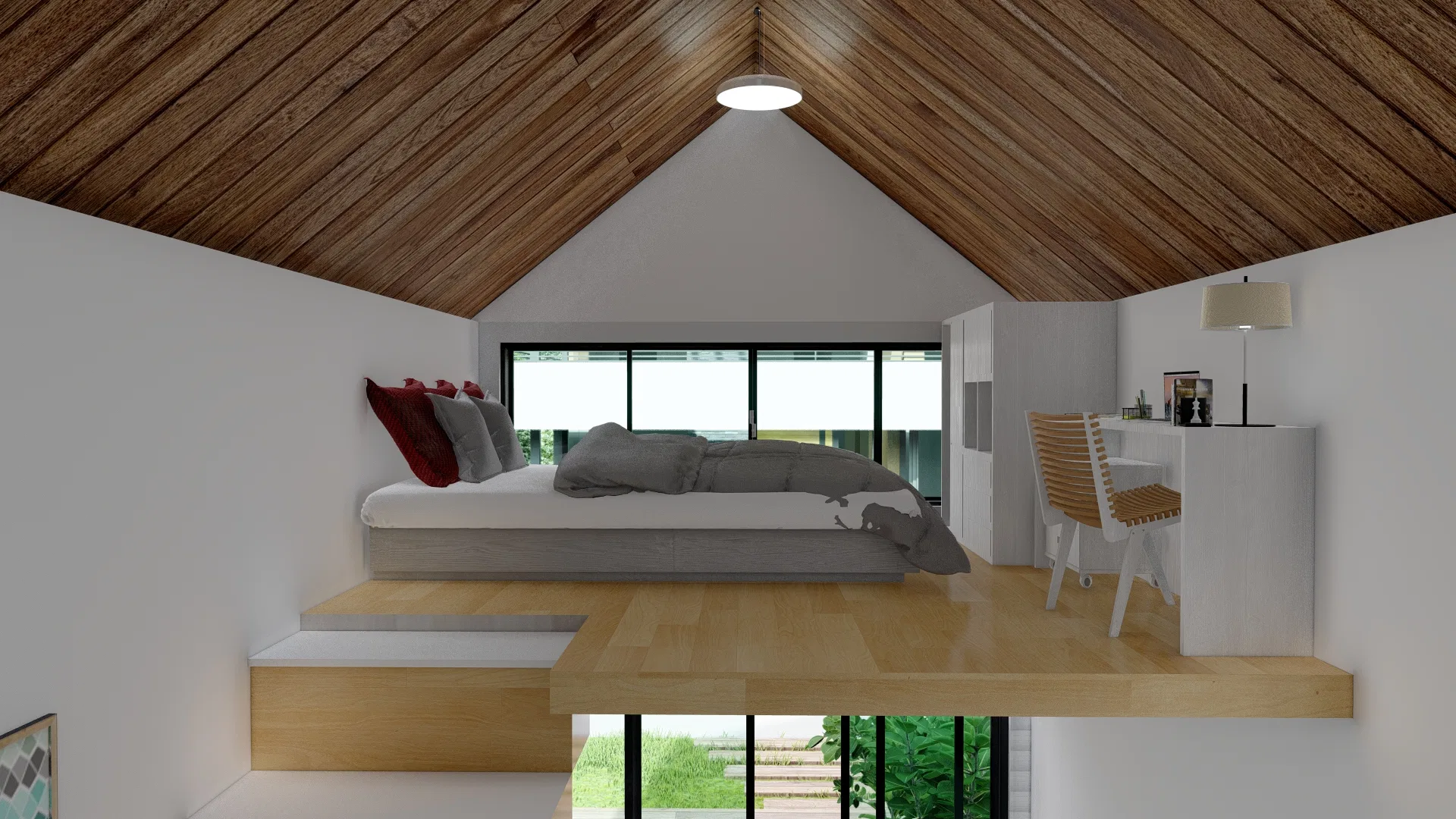 Mezzanine bedroom under a sloped wood ceiling, with a double bed, a nightstand desk and a window overlooking the garden below