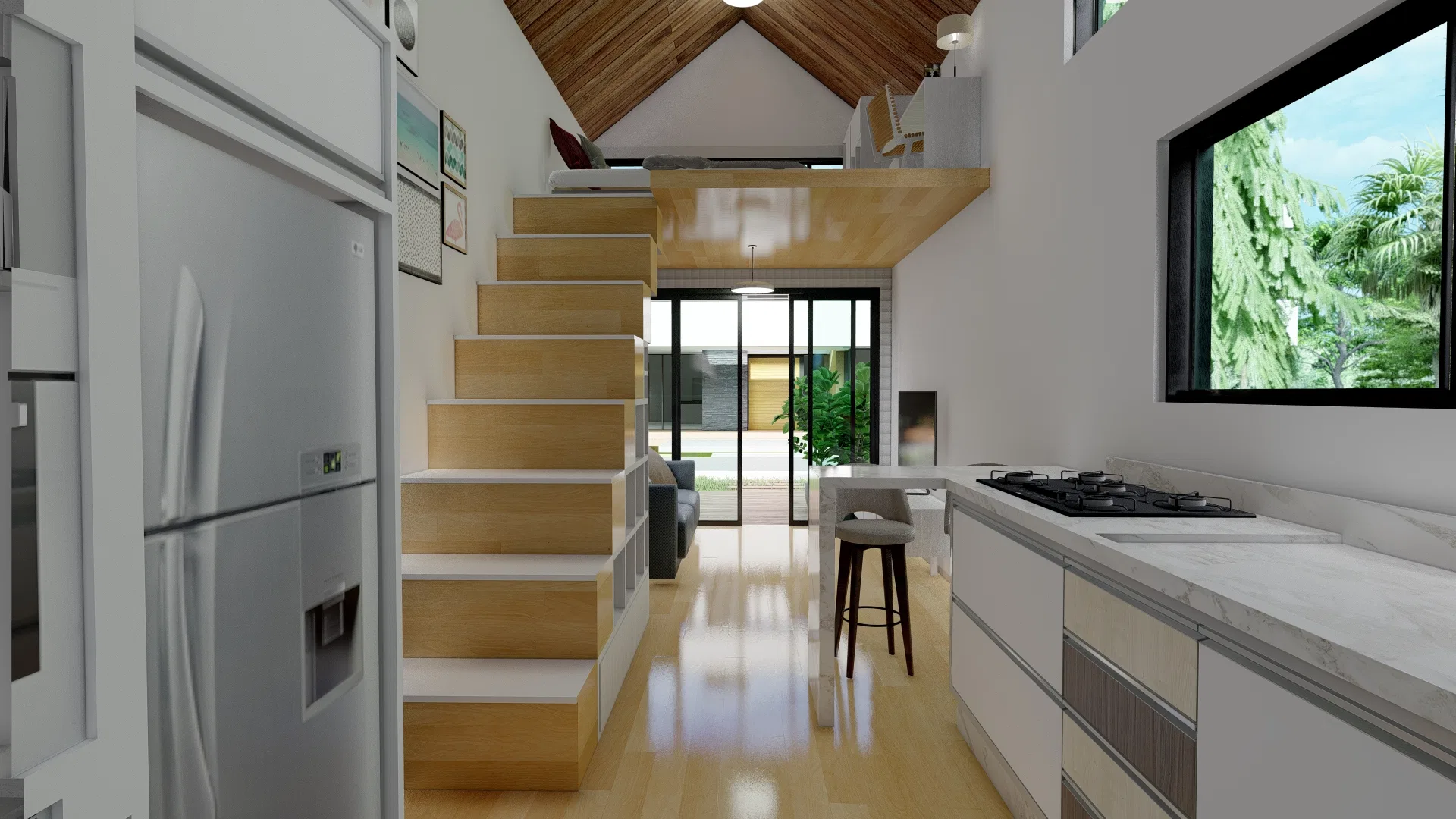 Combined living and kitchen area of a tiny house, with a built-in wooden staircase, a mezzanine beyond and a glass door to the garden