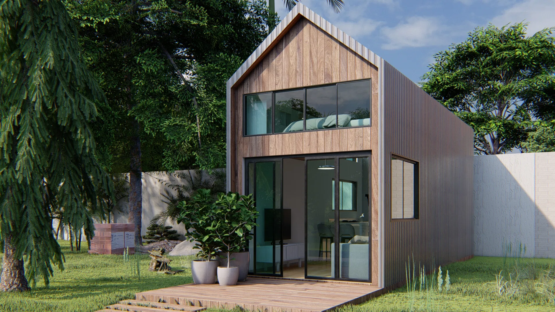 Side view of the tiny house with mixed timber and metal cladding, a wooden entry deck and surrounding greenery