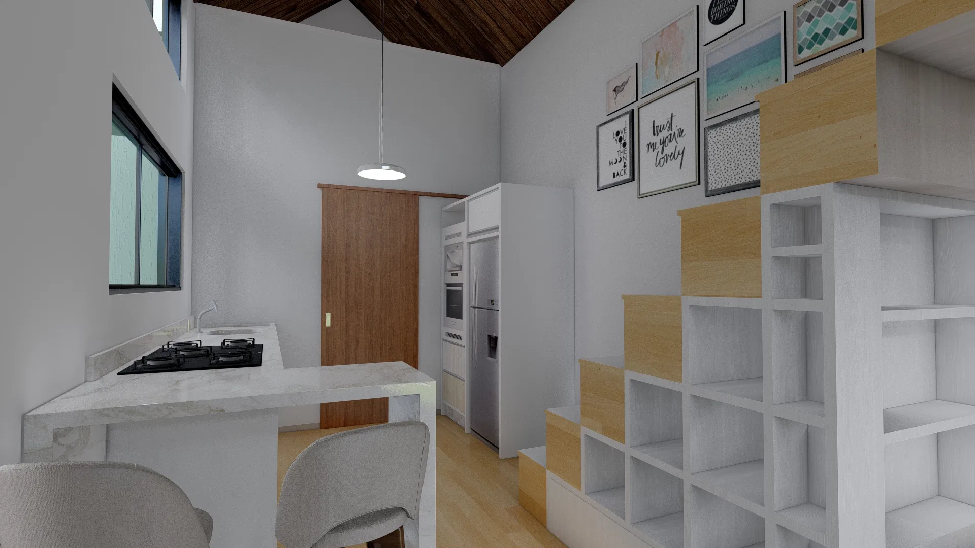 Kitchen counter with a cooktop and sink, a wood door beyond, a built-in refrigerator and an open-shelf staircase alongside