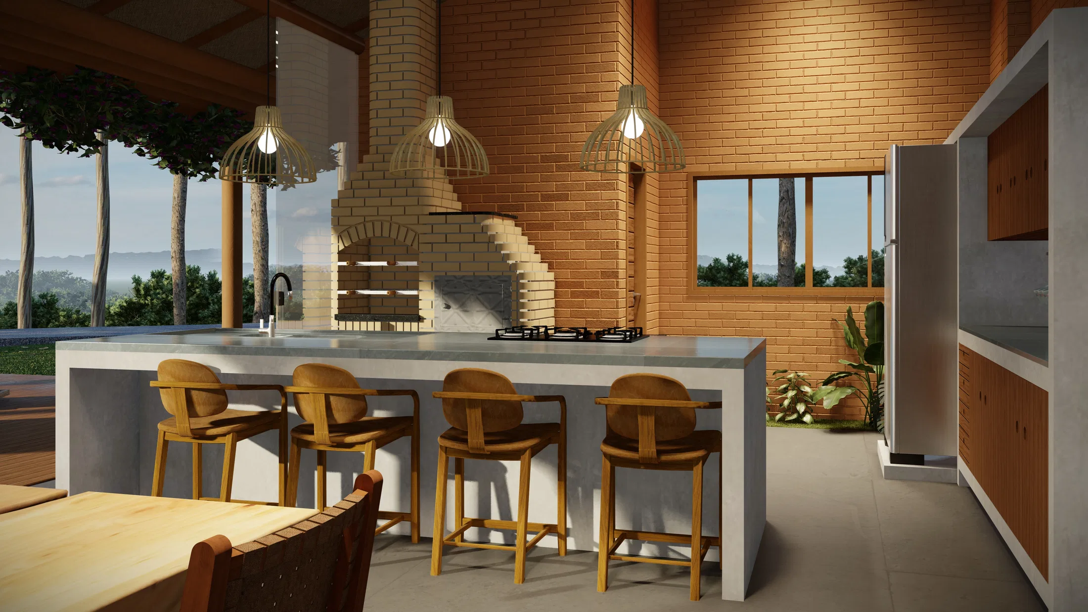 Barbecue area with a brick oven and hood, a concrete counter and wood bar stools