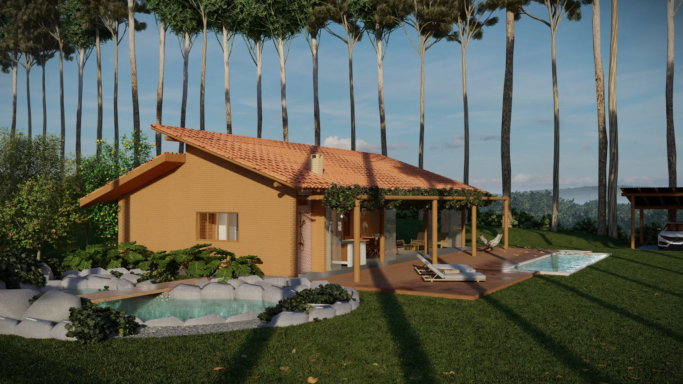 Single-story house among tall pine trees, ceramic tile roof, covered porch and a stone-lined pool in the foreground