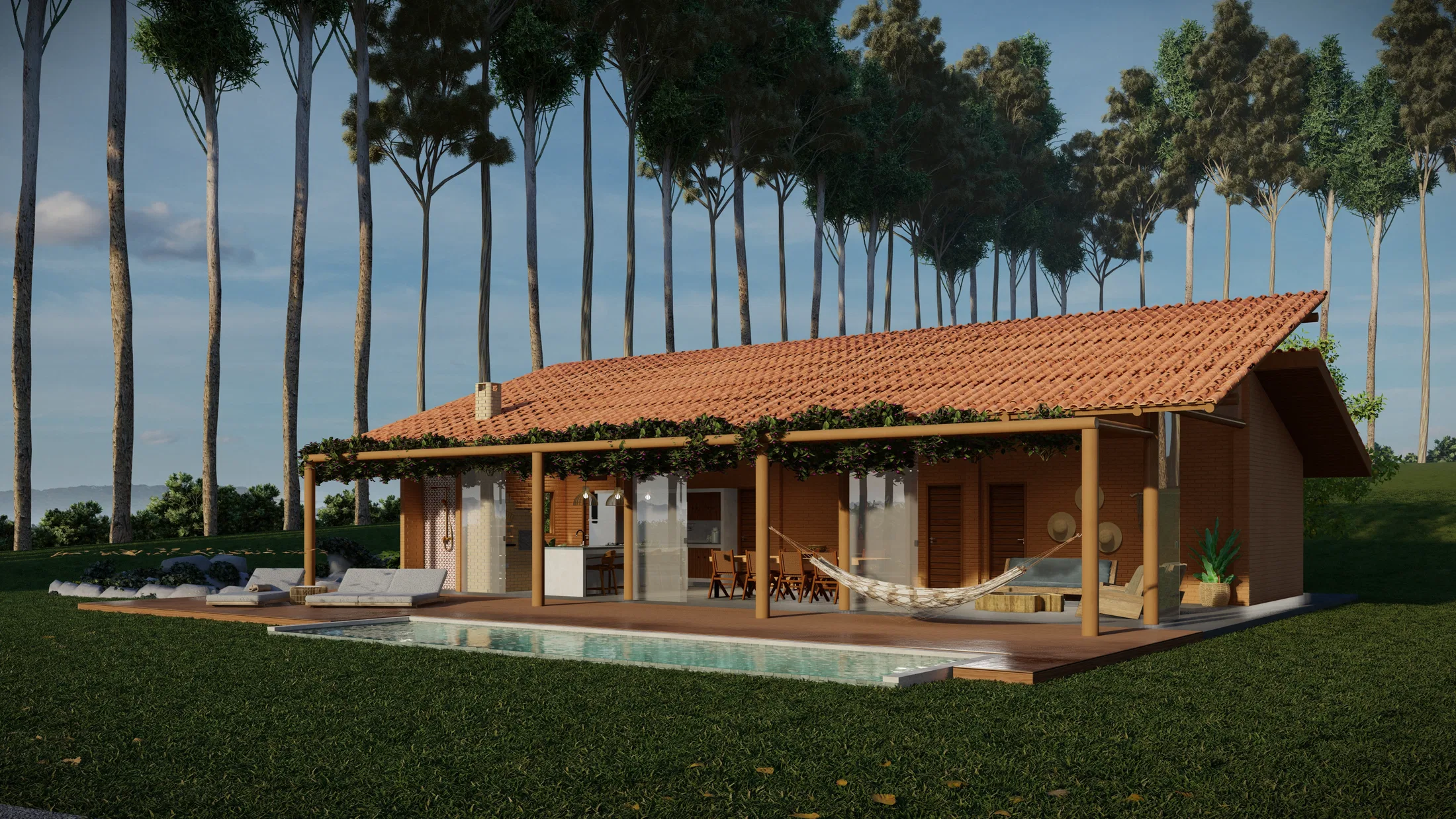Side facade of the house with a narrow rectangular pool along the wood deck and a pergola covered in greenery