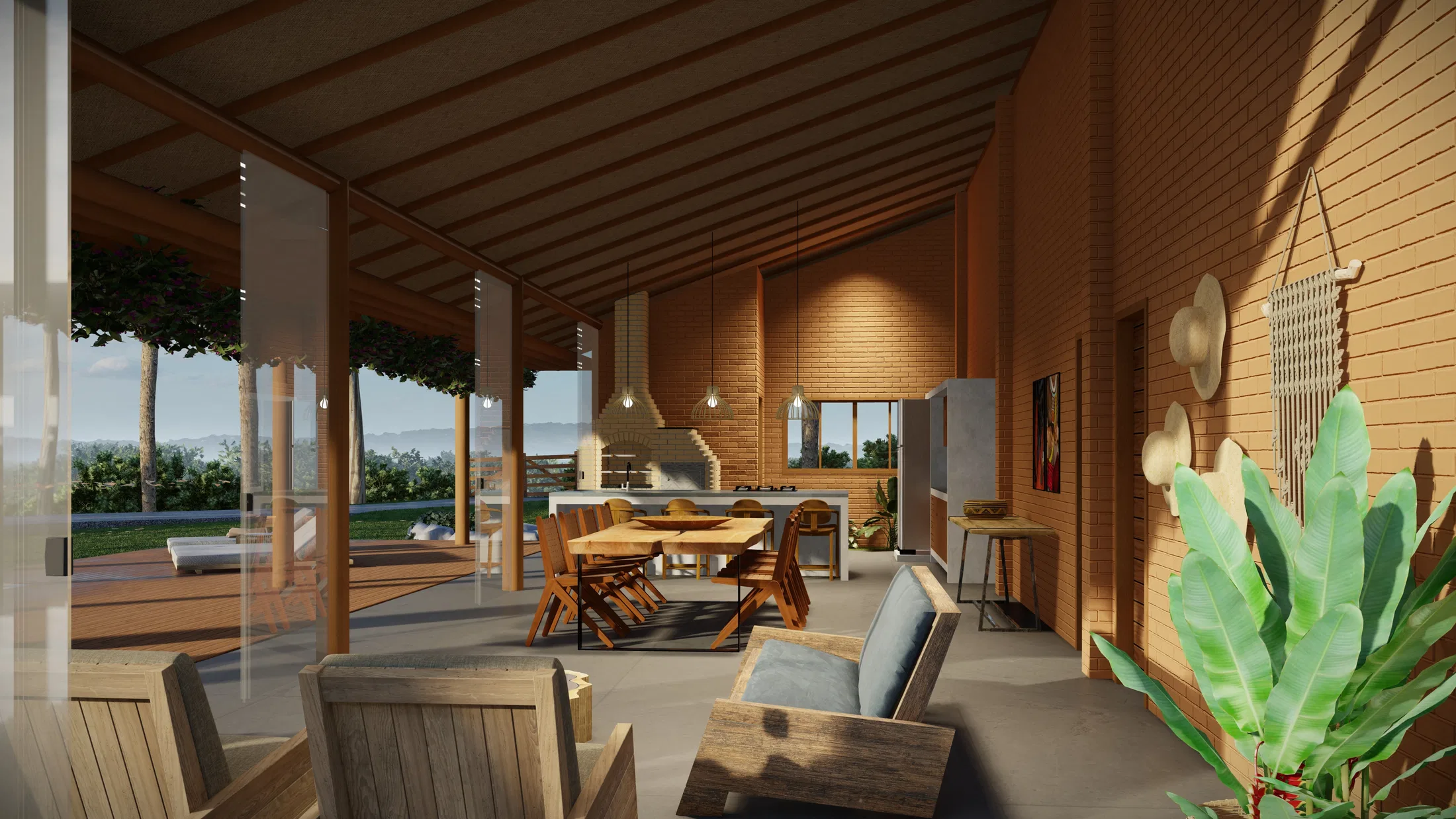 Covered porch with an outdoor dining table, wood armchairs and exposed beams against late-afternoon light
