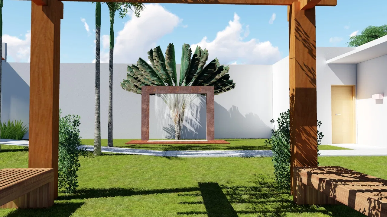 Garden view under the wood pergola, with lawn, a fan palm against a framed water wall and white perimeter walls around