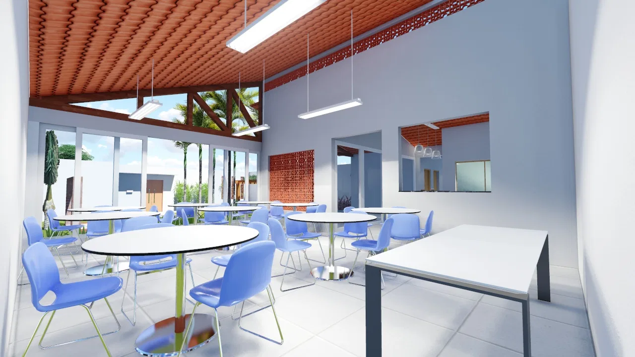 Large interior hall with round tables and pale chairs, an exposed wood roof with a terracotta soffit and wide glazing opening to the garden