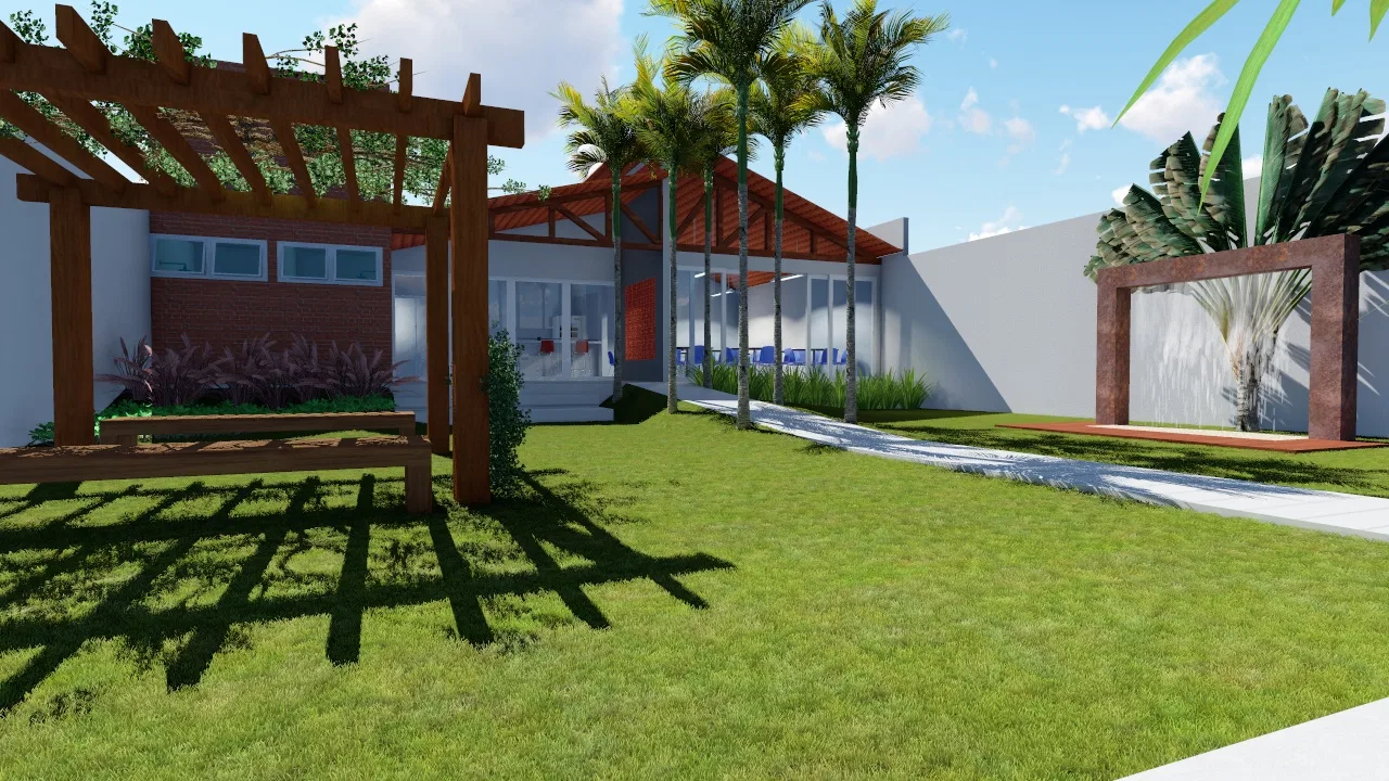 Grassed backyard with a wood pergola and bench at left, the pitched-roof house behind and a framed garden panel to the right