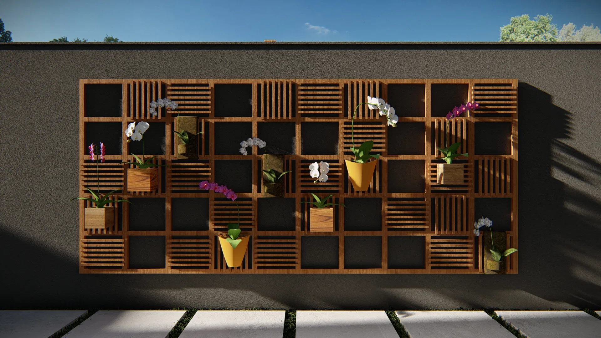 Grid-patterned wooden panel fixed to a dark wall, with white and magenta orchids and small pots forming a decorative garden feature