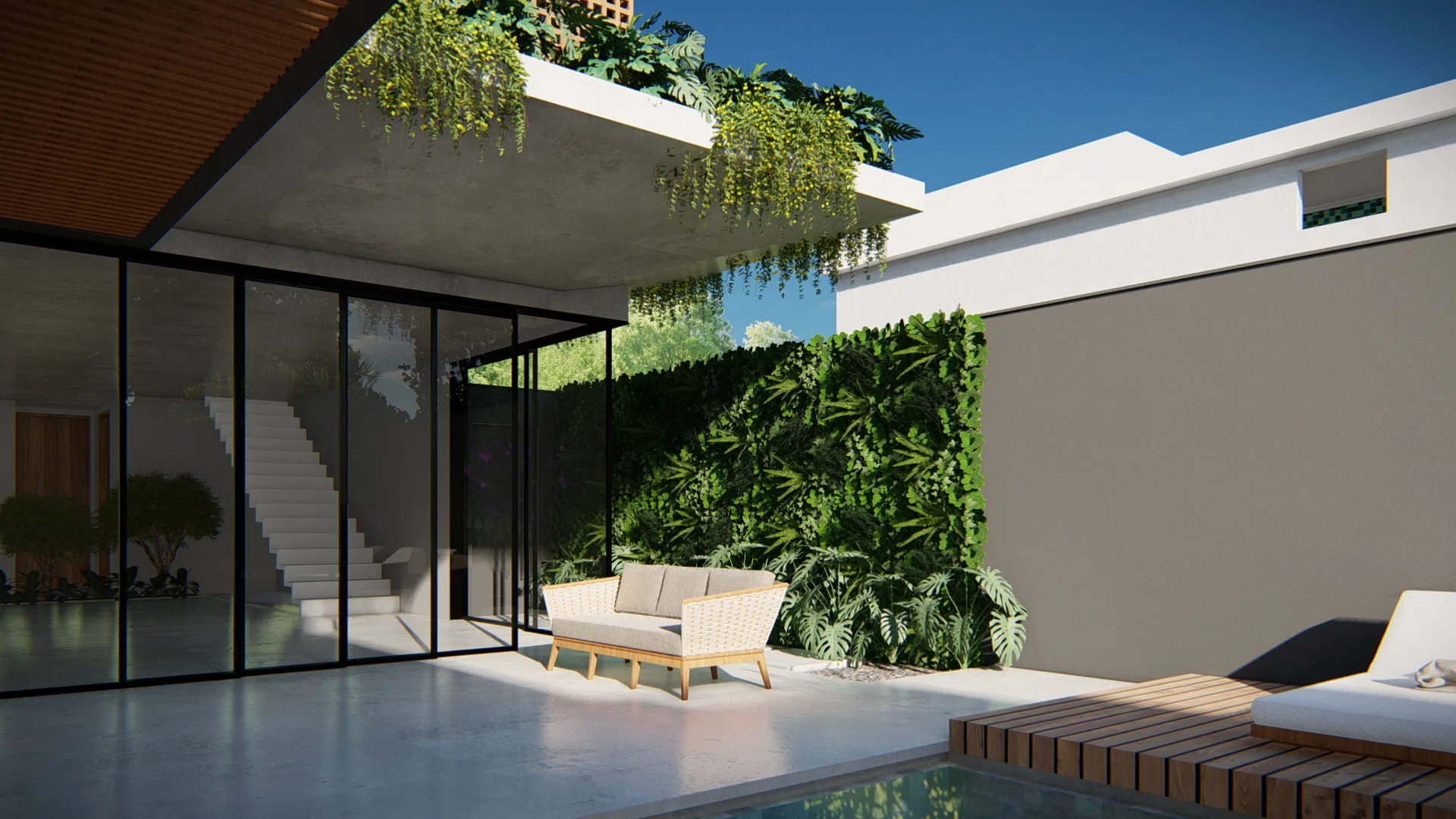 Internal patio at dusk with black-framed glazing, an exposed staircase, a leafy vertical garden and a wooden sofa beside the pool