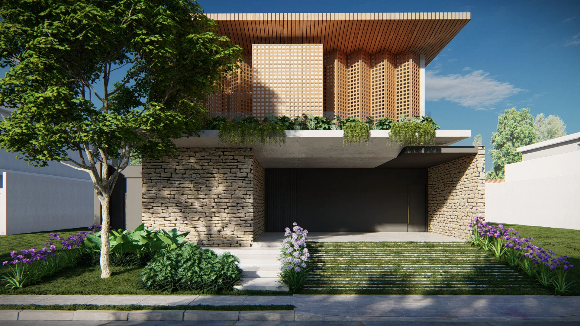 Two-story facade with a stacked-stone ground floor and a wooden brise upper level, with hanging greenery, front garden and a grass-strip staircase