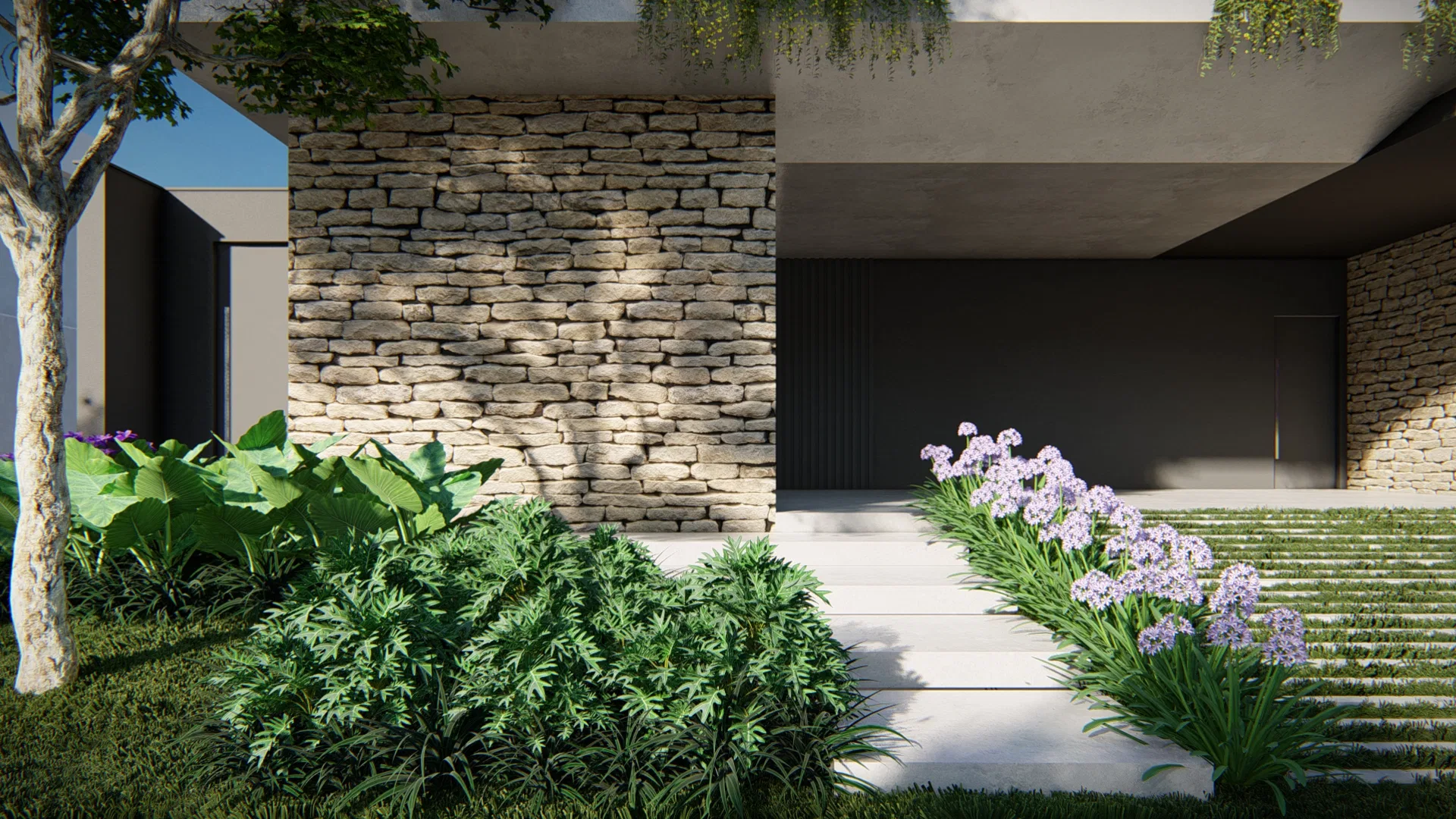 Close-up of the entrance with a stacked-stone wall, concrete slab, a path of pale slabs and a mass of lilac flowers beside the grassed steps